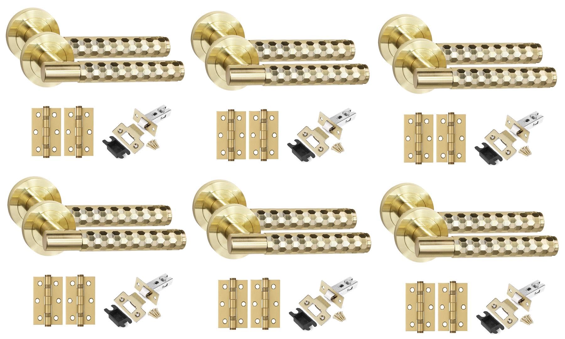 Golden Grace Hex Cut T-Bar Door Handles with Latch, Satin Brass 6 Sets