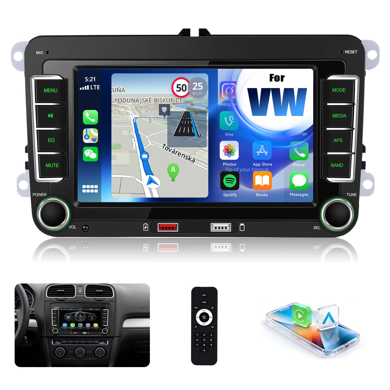 CAMECHO Carplay Autoradio per VW Golf 5 Golf 6 Polo Skoda Tiguan Touran Passat Jetta, Bluetooth Stereo 2 DIN con Schermo da 7 Pollici con Bluetooth AM/FM/RDS MirrorLink DUE porte USB SWC e CANbus