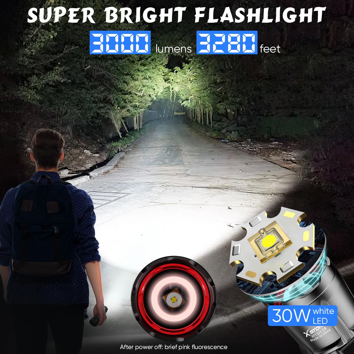X.Store Rechargeable Flashlights - 30W Led Flashlight High Lumens, 5 Modes Super Bright Toch Light Long Range 3280ft Powerful Waterproof Flash Light for Camping Home Emergencies