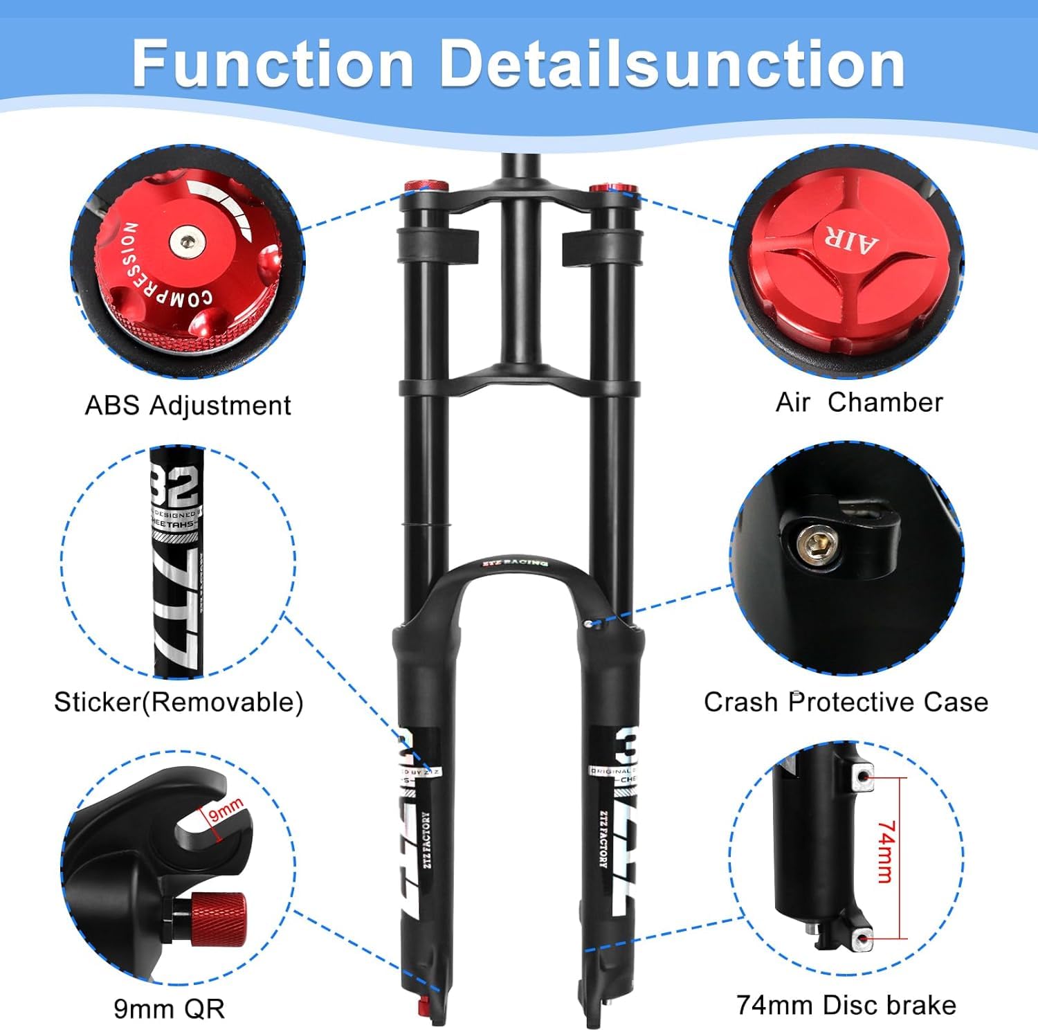 26/27.5/29 inch Mountain Bike Air Suspension Fork,Rebound Adjustment,180mm Travel,QR 9x100mm, 1-1/8 Straight Steerer, Ultralight Double Shoulder Design Front Fork for XC/AM MTB