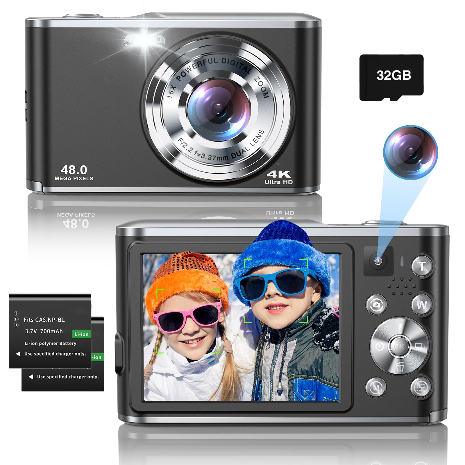Lecran Macchina Fotografica Digitale 4K con Doppia Fotocamera, 48MP, Scheda da 32GB, Zoom Digitale 16X, 2 Batterie per Ragazzi e Principianti