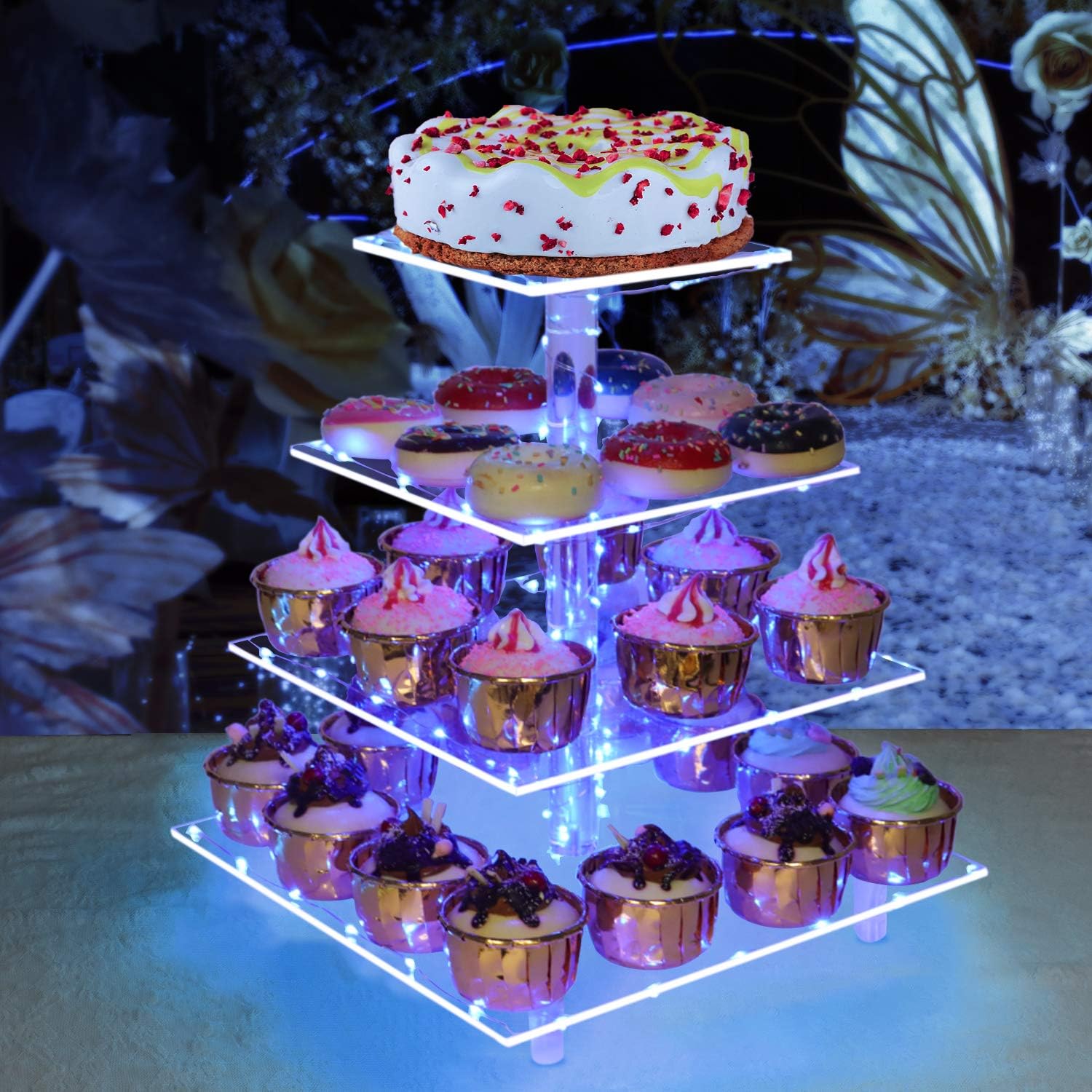 weddingwish Cupcake Stand, 4-Tier Square Acrylic Cupcake Display Stand with LED String Lights Dessert Tower Pastry Stand for Birthday or Wedding Party - Image 3