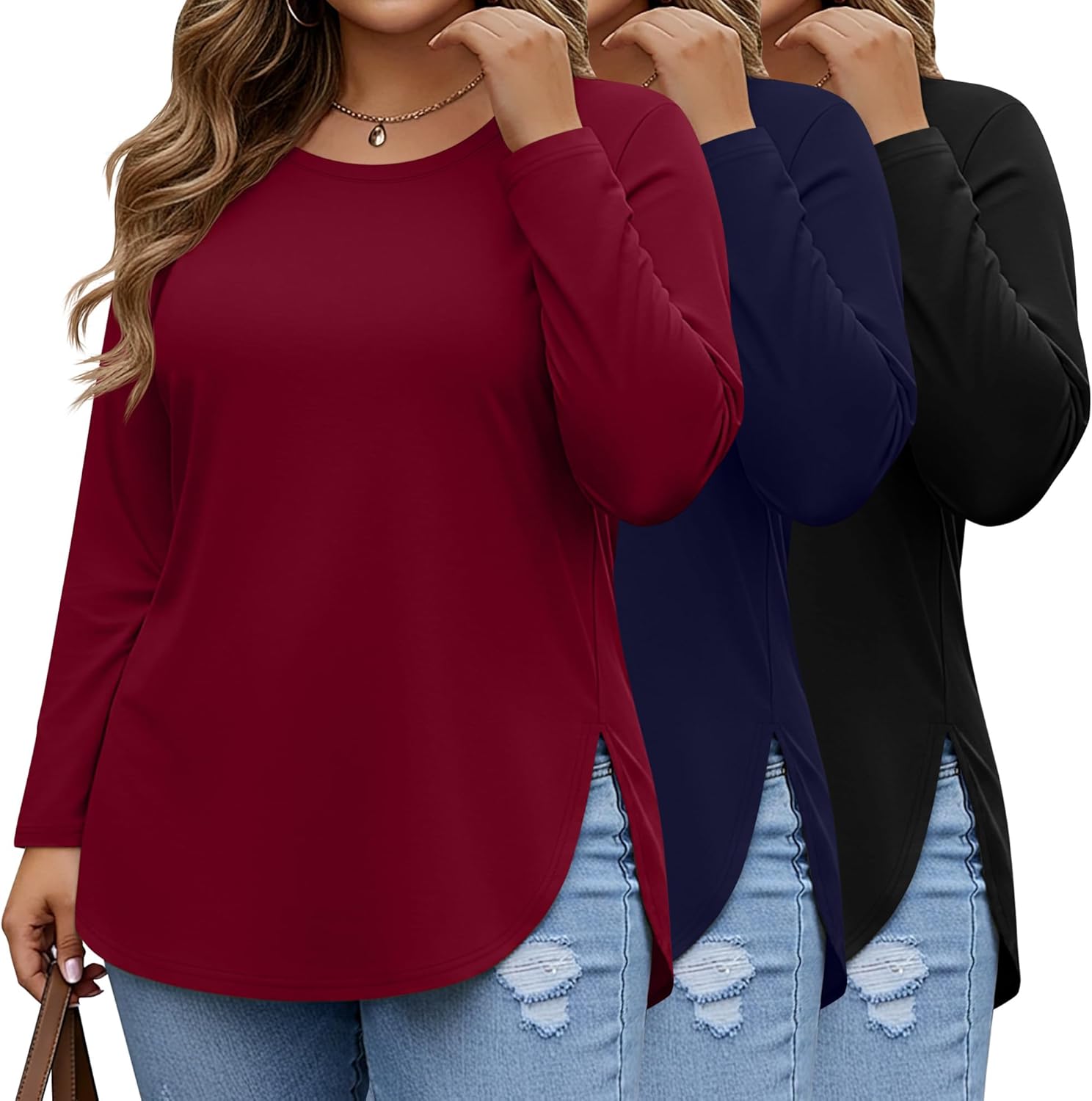 Ficerd 3 Pack Women's Plus Size Long Sleeve Tunic Tops Crewneck Loose Shirts Casual Curved Hem Side Split Basic Tee