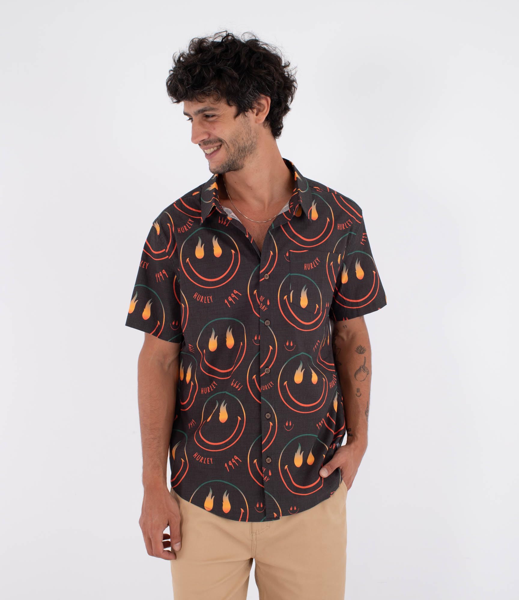 Hurley Mens Short-Sleeved Printing Press Happy Face T-Shirt, Black, L EU