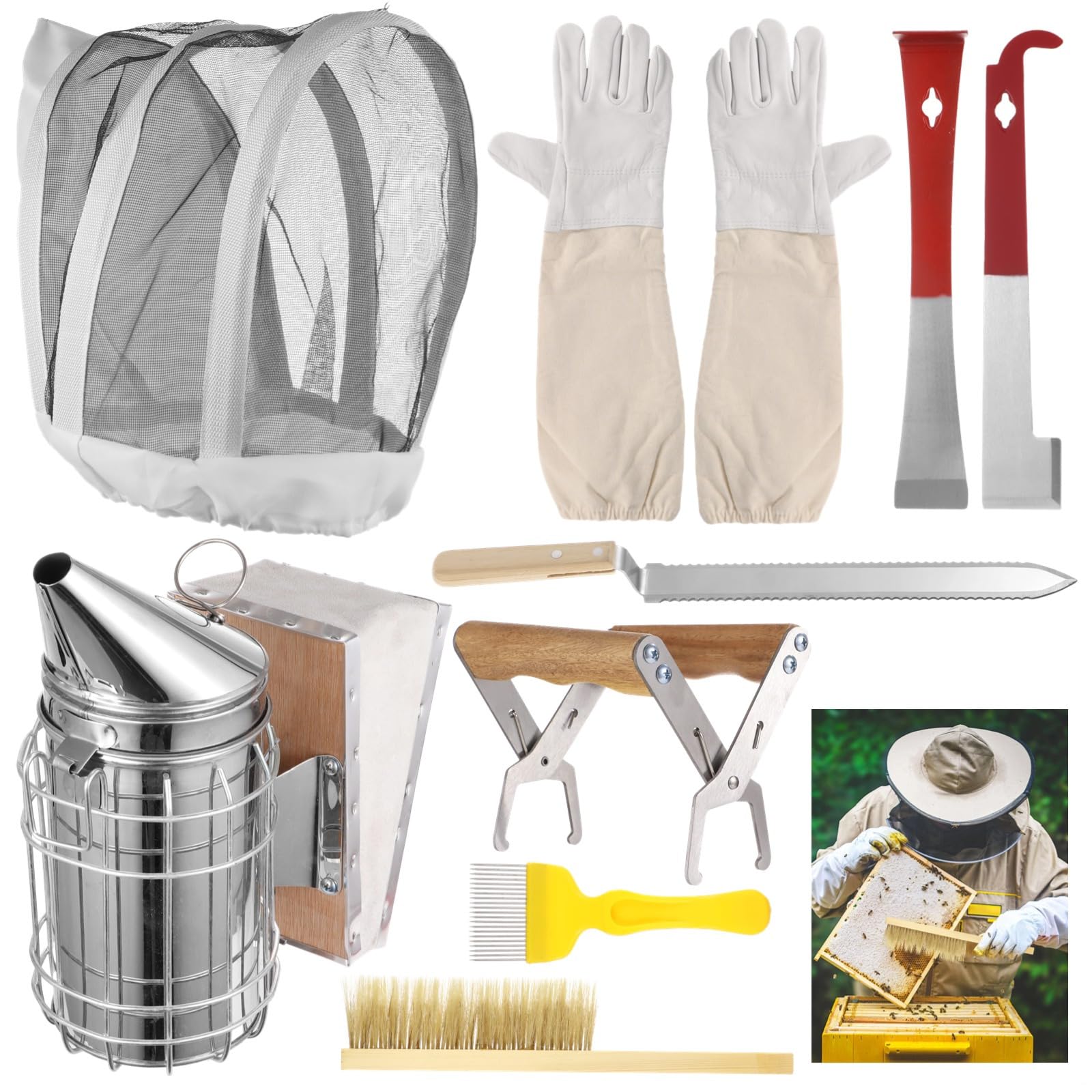 Kit completo de iniciación de apicultura – 9 herramientas para el mantenimiento de colmenas de abejas, incluyendo ahumador, sombrero, guantes y herramientas de destapado para principiantes