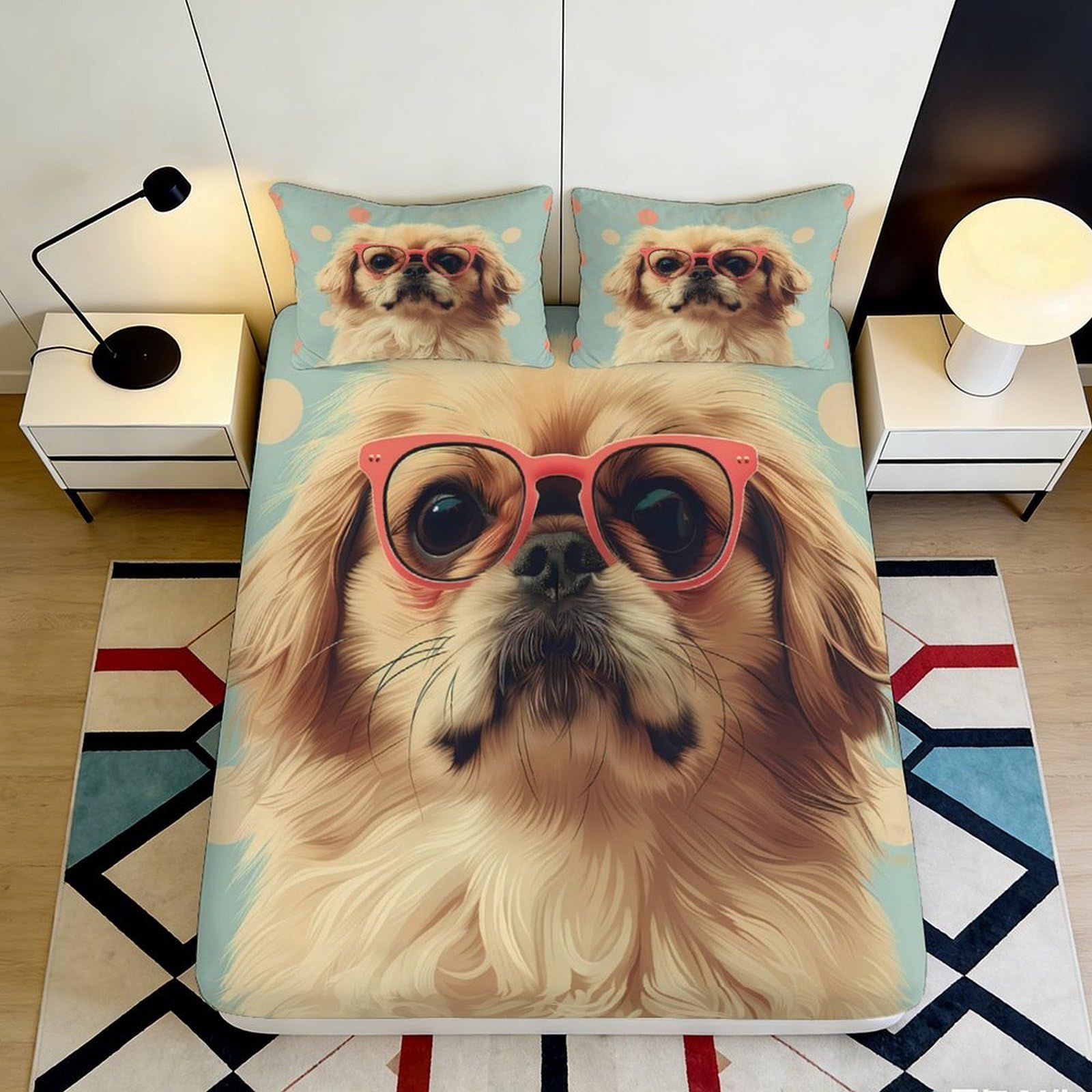 3D Printed Dog with Sunglasses Fitted Sheet Microfiber Soft Breathable Puppy Bed Cover for Bedroom Guestroom Decor 90x200x25cm