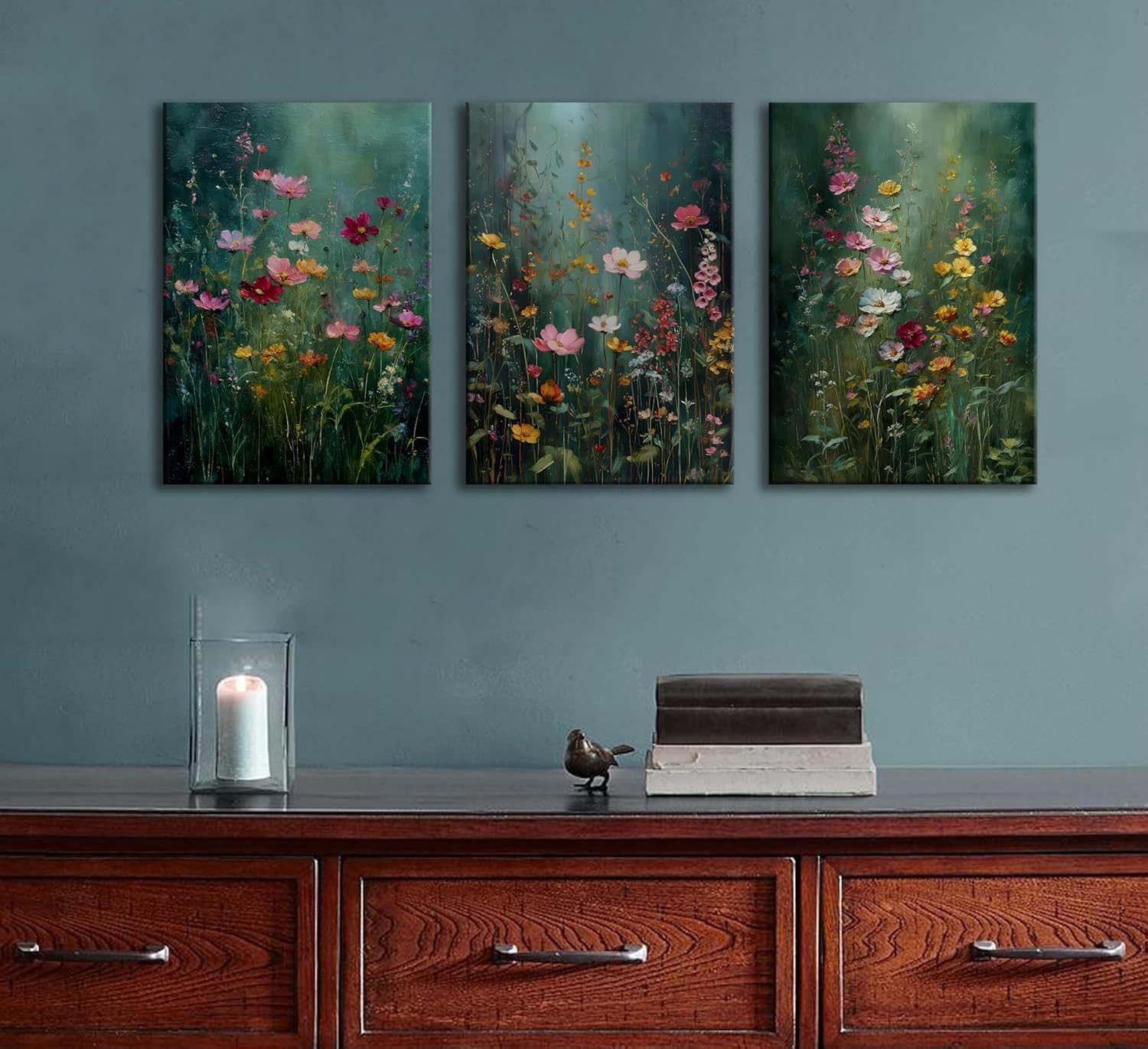 lianyibo 3 szt. Ciemny Zielony Kwiatowy Obraz Ścienny Sztuka Wildflowers Plakaty Vintage Nature Rustic Botanical Flowers Pictures (20x30x3/Inner Frame)