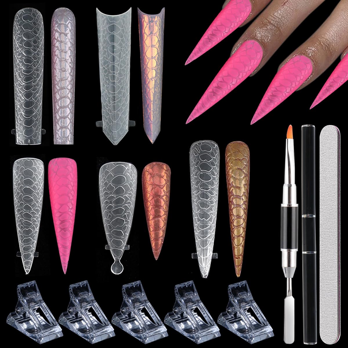 Dual Forms for Polygel, 300PCS 3D Snake Skin Pattern Nail Forms for Builder Gel Reusable Full Cover Soft Clear Poly Gel Nail Tips Stiletto Coffin Form With Nail Clips Brush Pen Nail Files