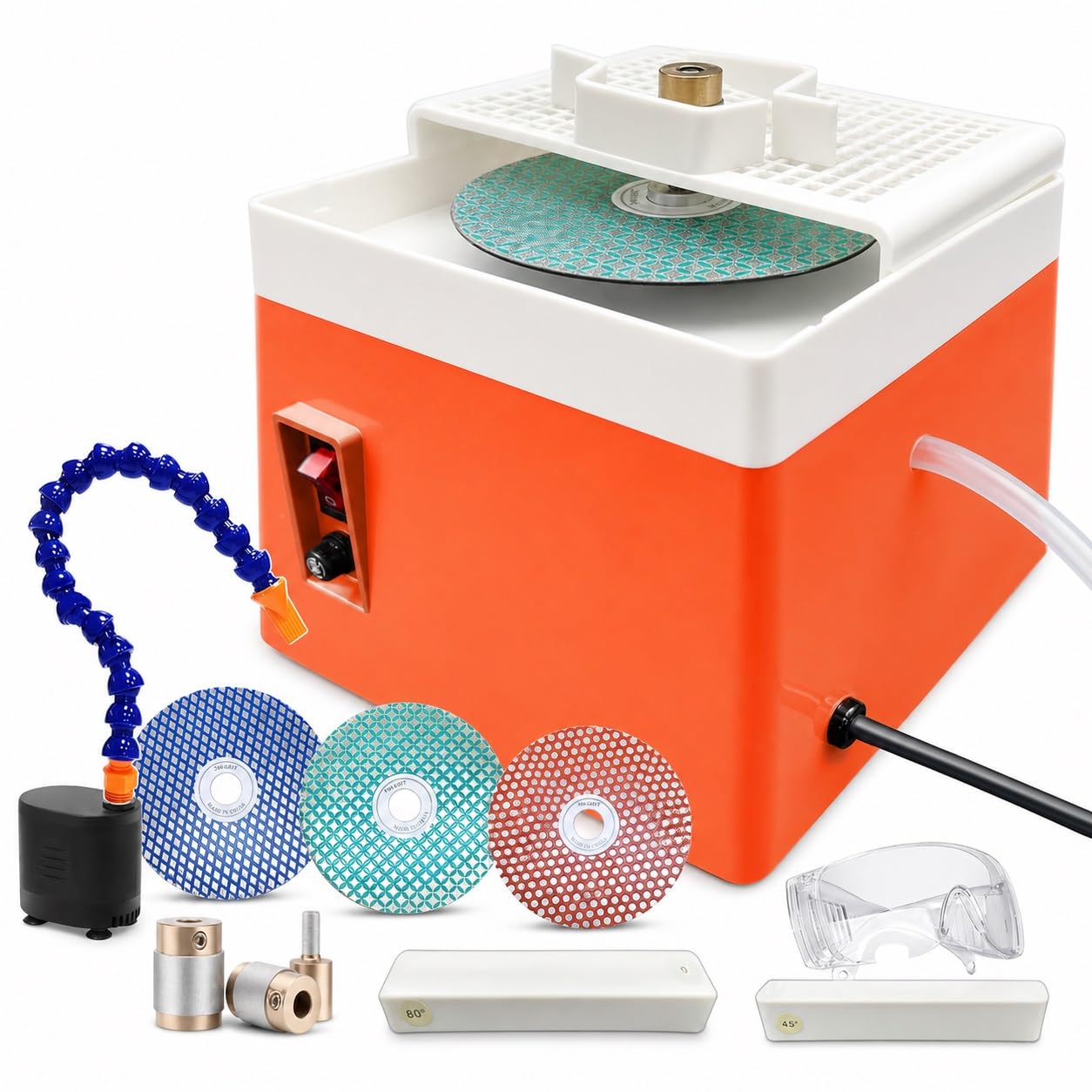 Kit de Amoladora de Vidrieras, Herramienta Portátil for Manualidades | Brocas de diamante, elaboración de vidrio húmedo, discos de grano 180/240/360, guías de 30/45/60/90 grados