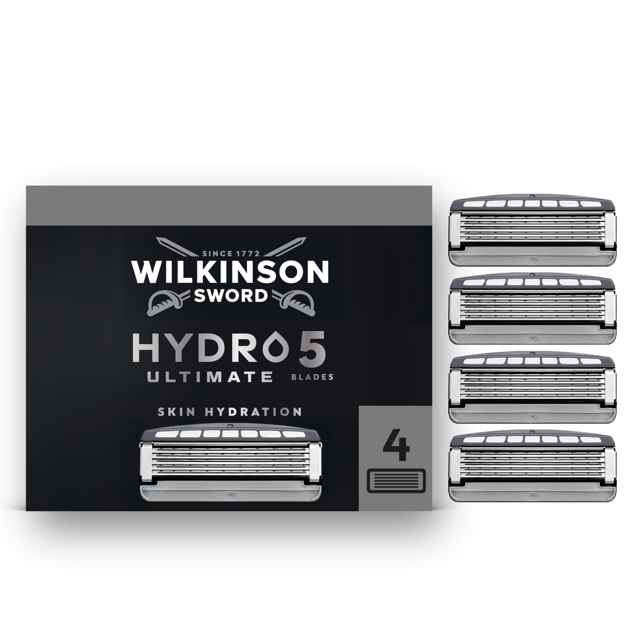 Wilkinson Sword Hydro 5 Ultimate Razors Blade for Men, Refill Pack, Hyaluronic Acid, Carbon Coated Blades, 4 Razor Refills
