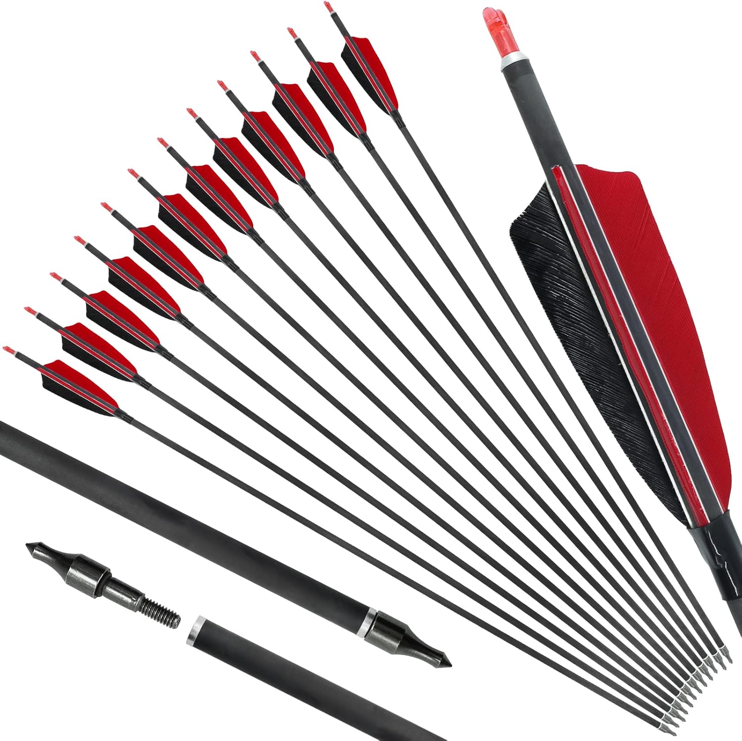 OBTOUTDOOR 12 Pack Archery Arrows Spine 600 Pure Carbon Feather Arrows with 4" Turkey Feathers and Removable Tips for Compound Recurve Longbow Adult Shooting