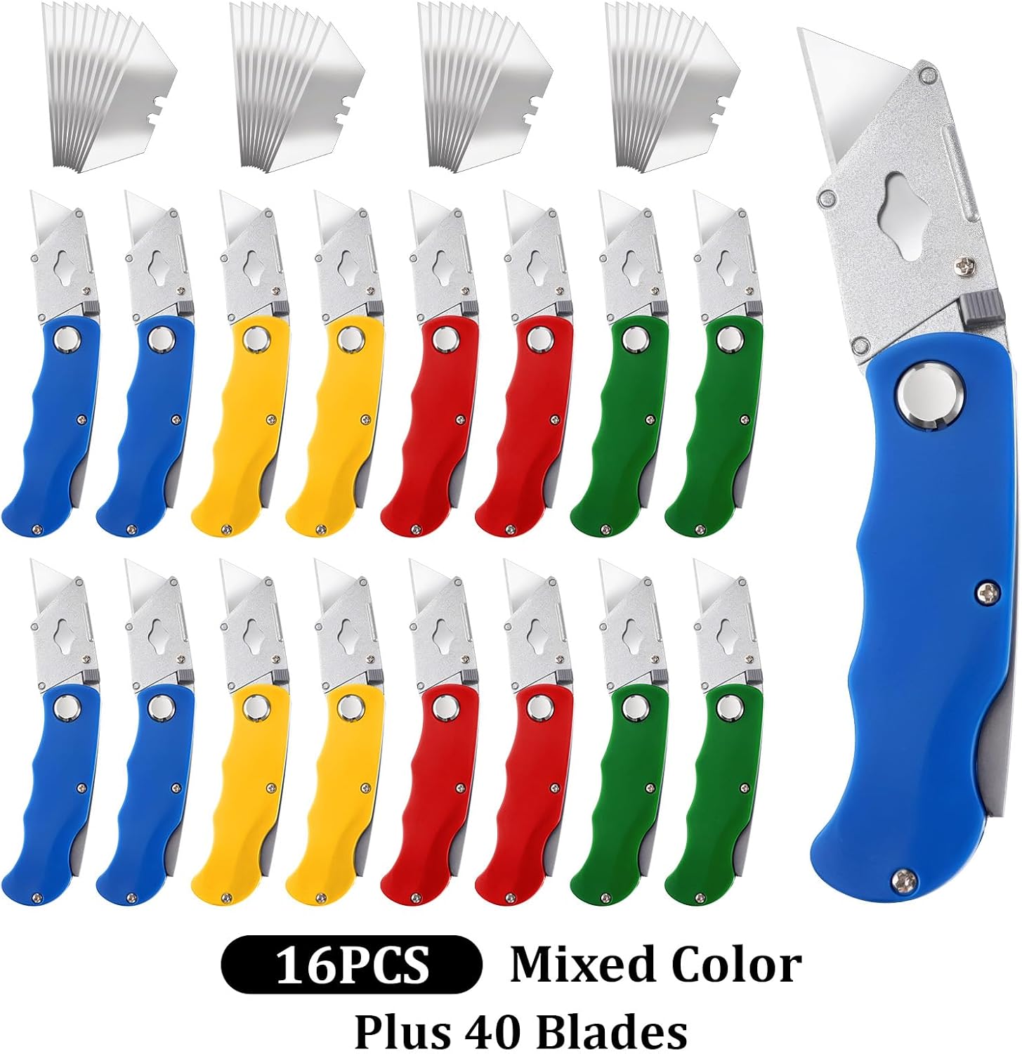 16 Pcs Folding Utility Knife 4 Color Retractable Box Cutter with 40pcs Extra Blades Heavy Duty Utility Knives for Cartons, Cardboard and Boxes