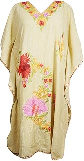 Mogul Interior Womens Kimono Kaftan Embellished Beach Cover Up Caftan Dress OneSize Beige