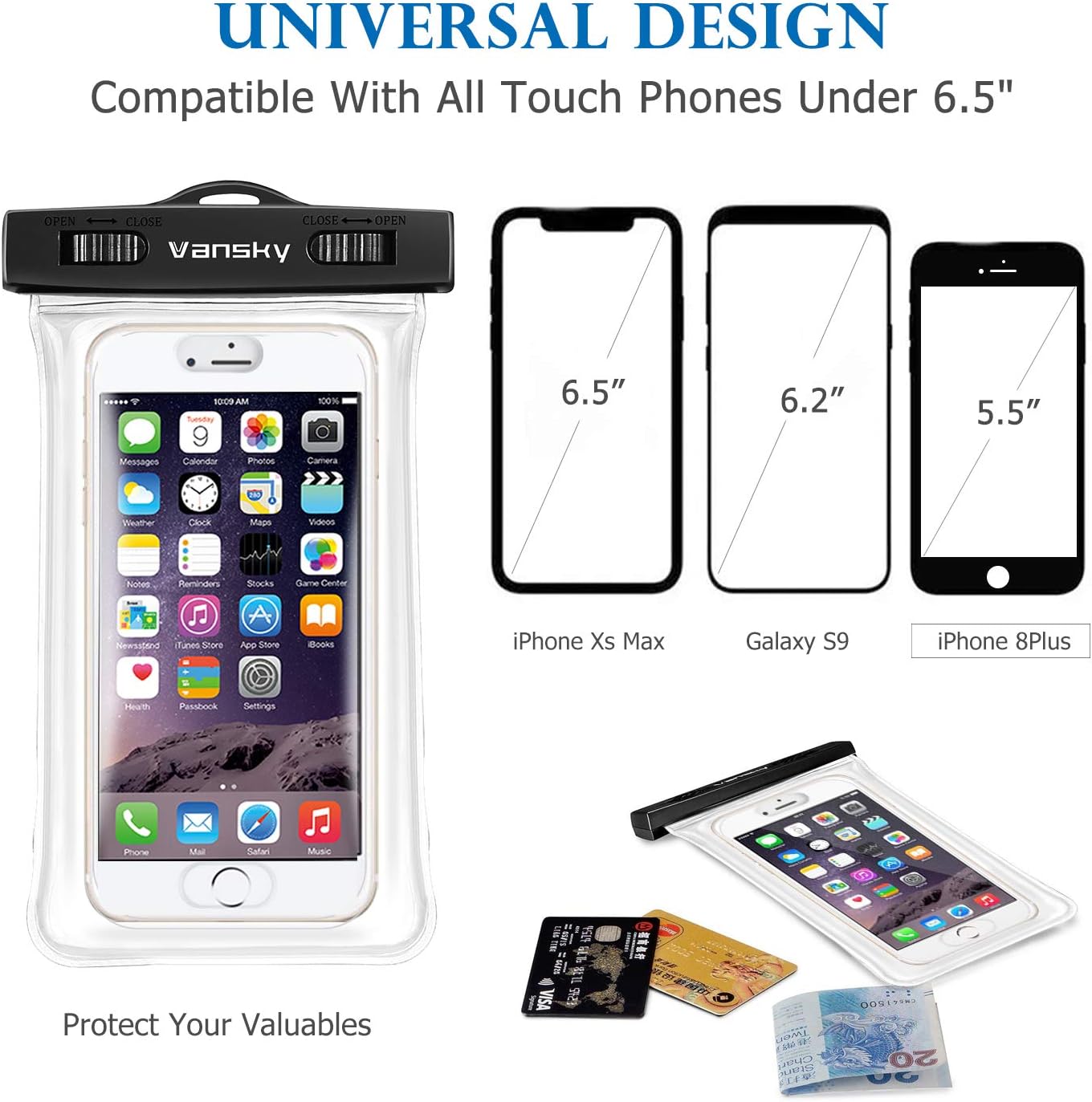 Vansky Floatable Waterproof Phone Case, Waterproof Phone Pouch Dry Bag with Armband and Audio Jack for iPhone 8/8Plus, 7/7 Plus, Galaxy/Google Pixel/LG/HTC, TPU Construction IPX8 Certified