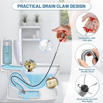 33 Drain Snake, 4-Claw Flexible Grabber Claw for Sink/Shower/Bathtub, Narrow Space Drain Hair Removal Tool