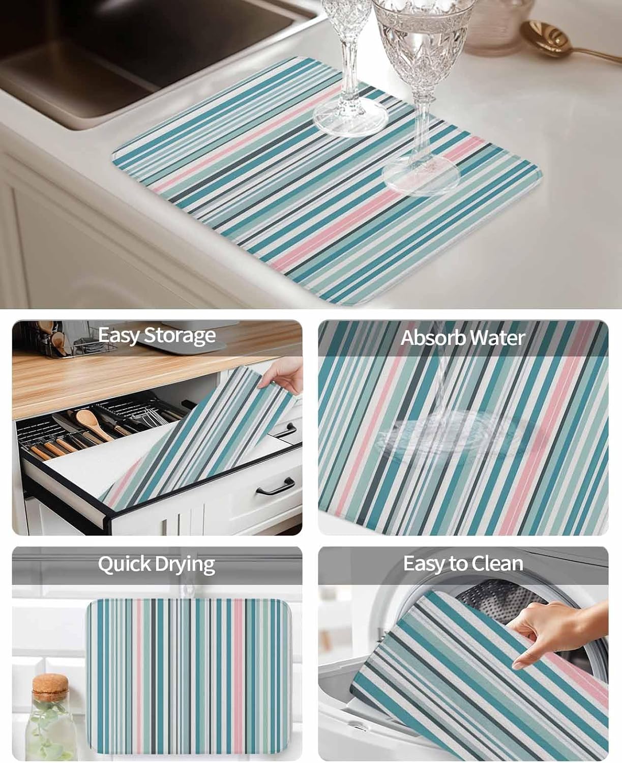 Colored Stripes Dish Drying Mat for Kitchen Counter Abstract Teal Pink Vertical Stripe Modern Super Absorbent Microfiber Coffee Bar Mat Washable Dish Drainer Rack Mat, 2 Pack, 18" x 24"