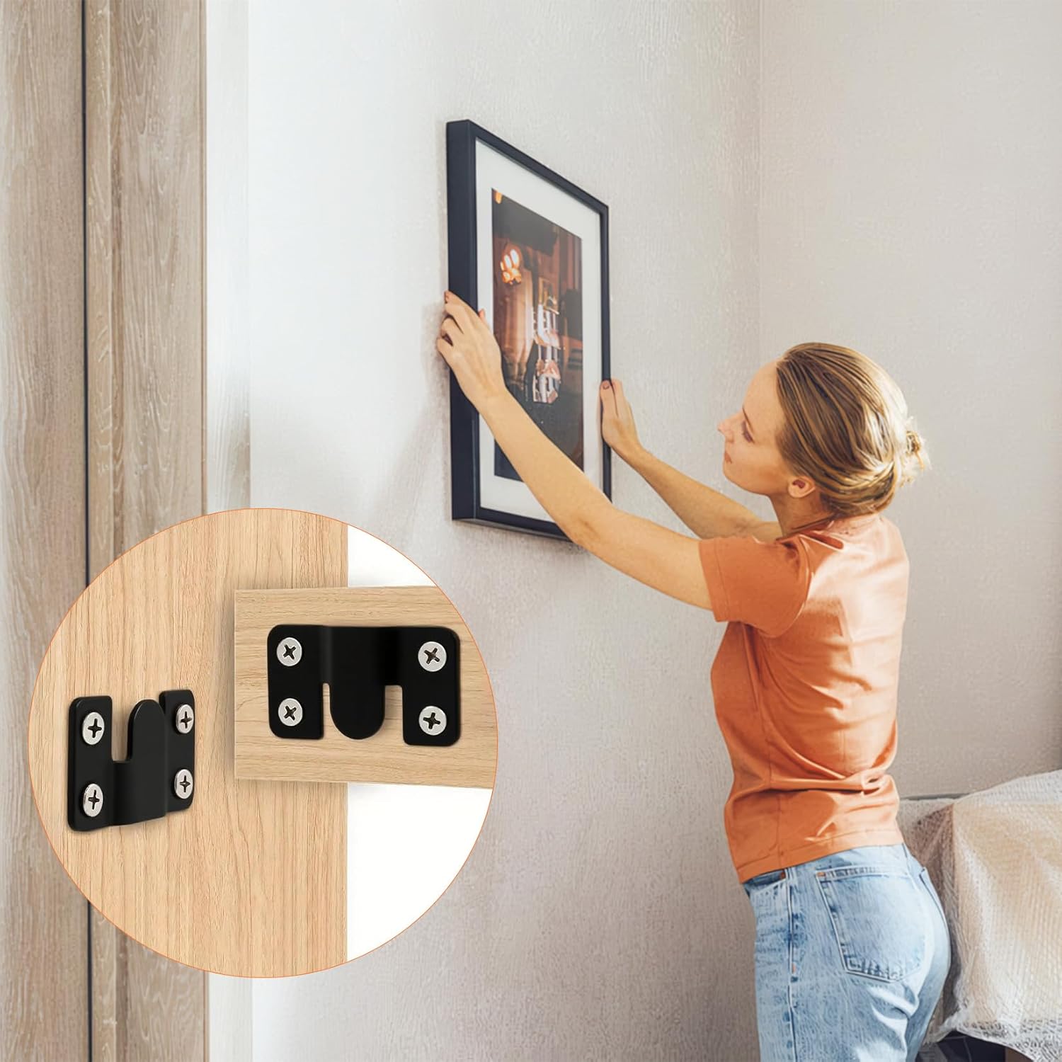 4 Pairs Flush Mount Bracket, Interlocking Hanging Buckle with Screws 4 Sets, Stainless Steel Picture Hanging Hardware, Furniture Connector and Couch/Headboard/Art Gallery Wall Mounting Connectors