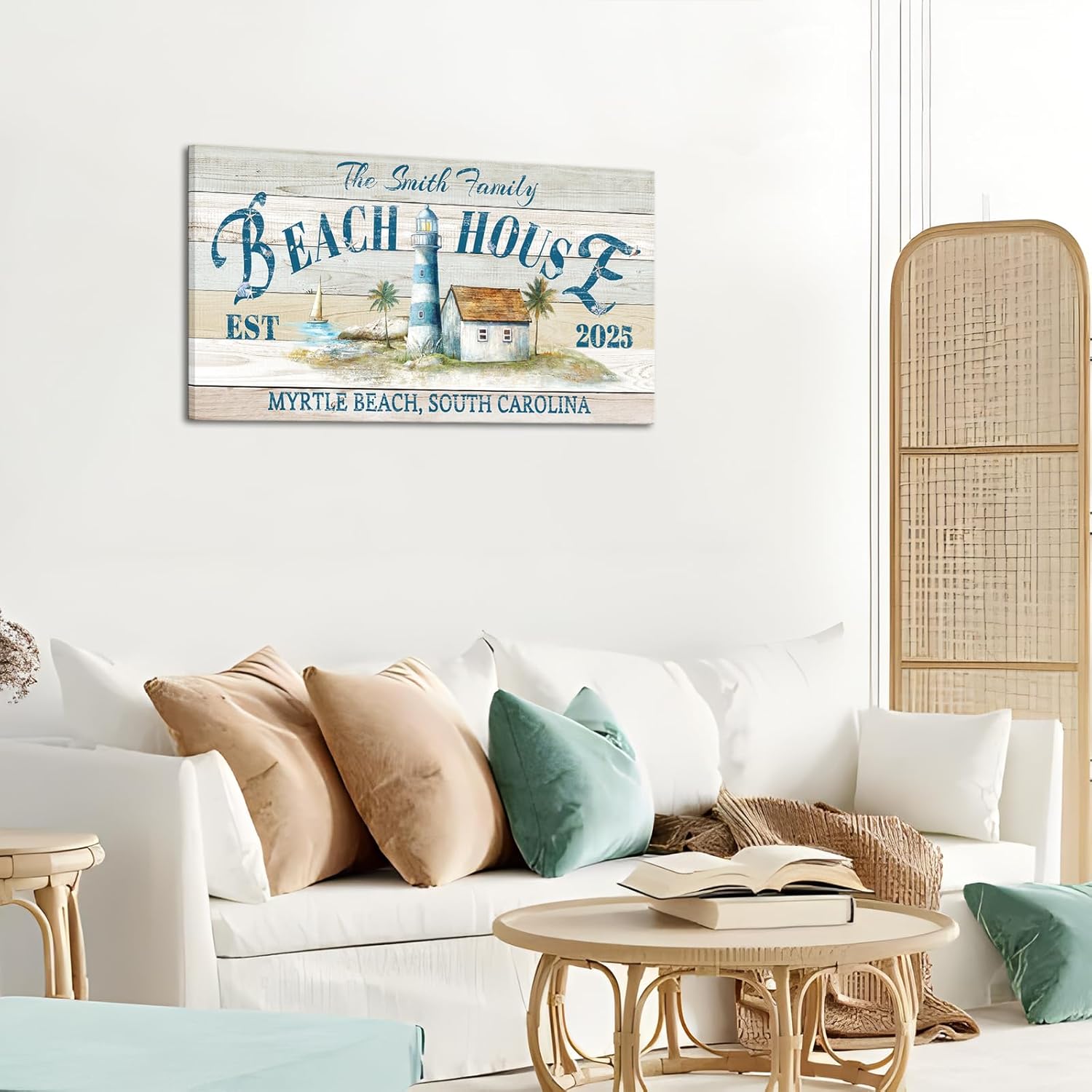 iLOOKLiKE Personalized Beach House Sign with Name Coastal and Nautical Wall Art Custom Lighthouse Themed Canvas Prints Gifts for Home Decor Cabin Lake House Accessories