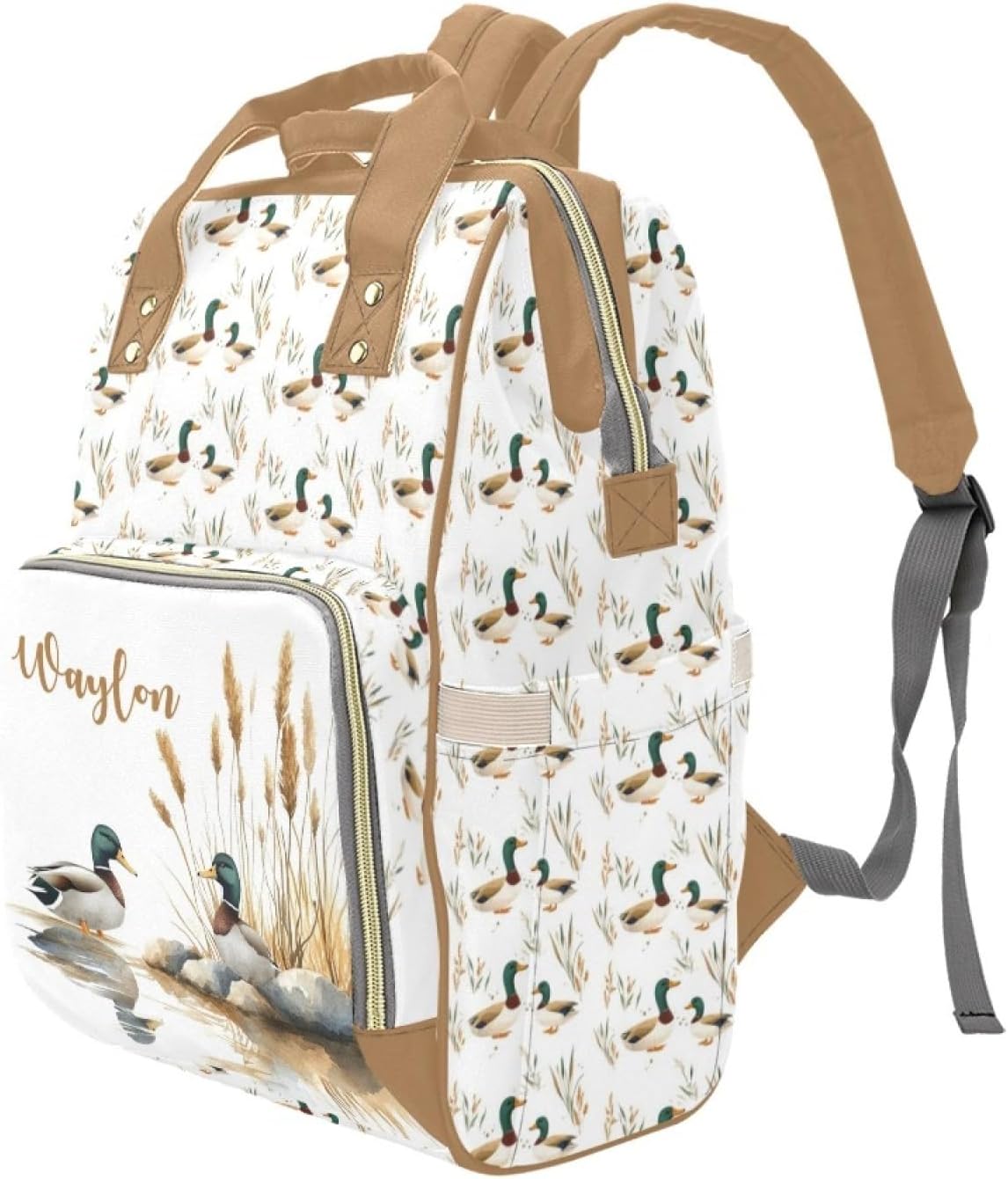Personalized Baby Diaper Bag with Name, Customized Mallard Diaper Backpack for Boys Girls, Custom Travel Backpack Wild Duck Daypack Shoulder Bag for New Mom Mommy