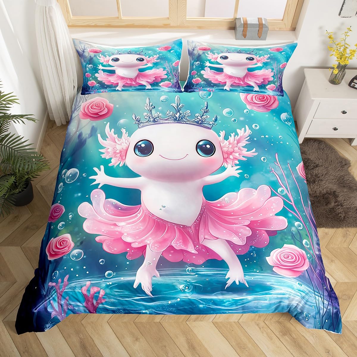 Parure de lit axolotl rose 135 x 200 cm pour apaiser le sommeil des enfants passionnés de mer