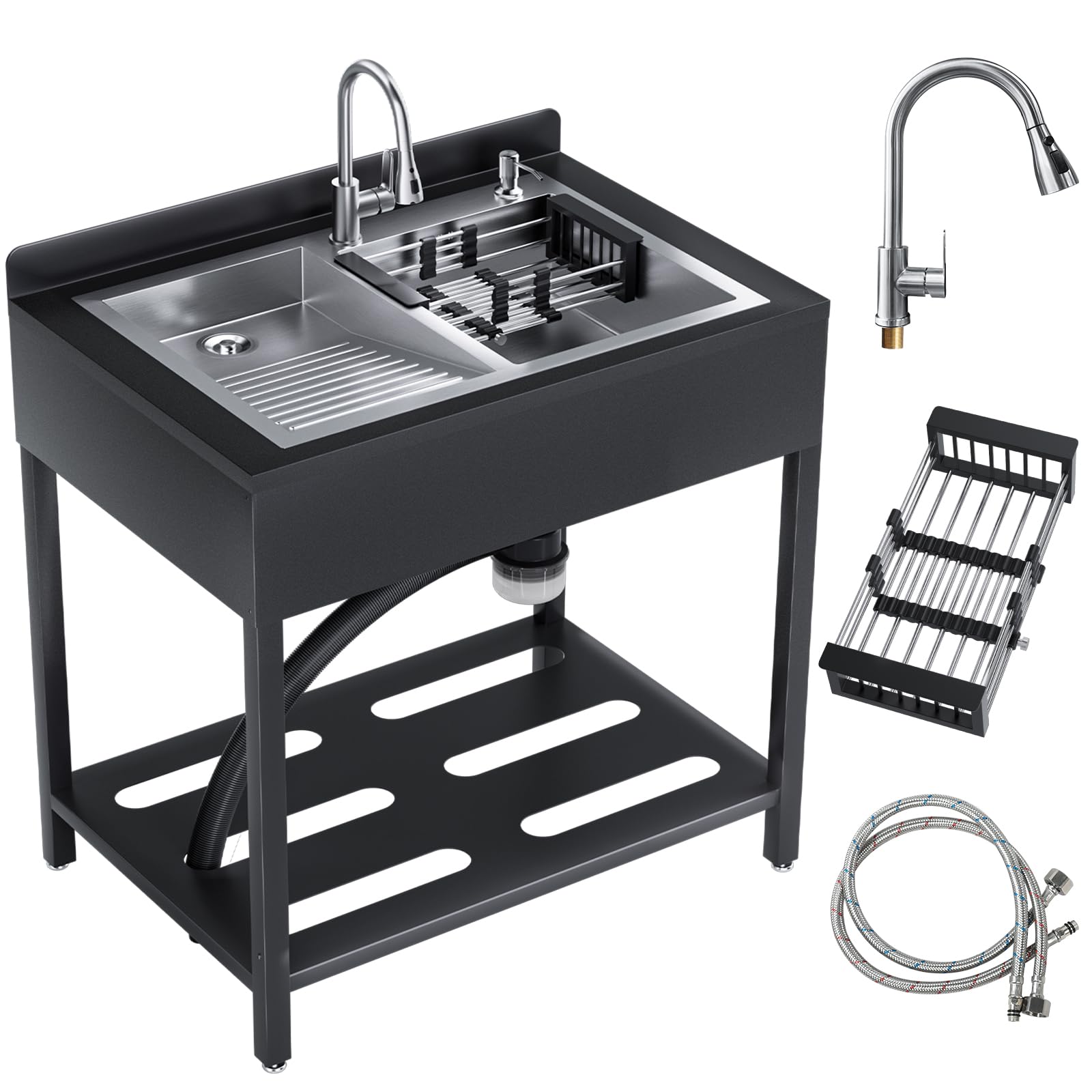 Freistehendes Edelstahl-Spülbecken, freistehendes gewerbliches Einbeckenspülbecken mit ausziehbarer Kalt- und Warmwasserarmatur, Sink Handwaschspüle für Küche (Silber sein, XL- 82.1 x 56C x 91.5CM)