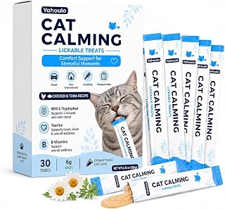 Cat Calming Lickable Treats, Chicken & Tuna Recipe, 30 Tubes | With L-Tryptophan, Taurine & Chamomile to support a relaxed mood during travel, grooming, loud noises & routine changes