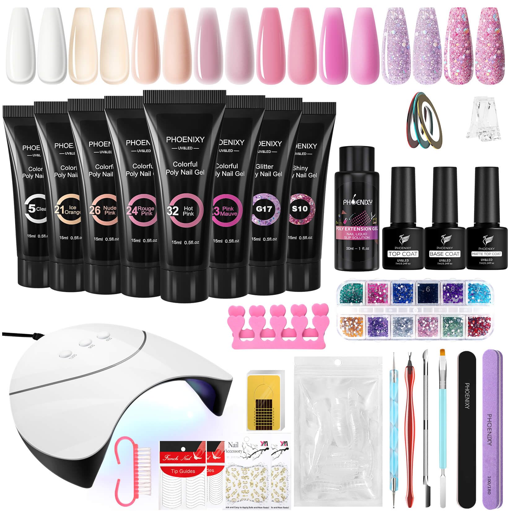 Phoenixy Poly Nägel Kit, 8 Farben Poly Nagelverlängerung Gel Set mit 36W UV/LED Nagellampe Gelnägel Builder Enhancement Gel Nagel Set Geschenk für Frauen