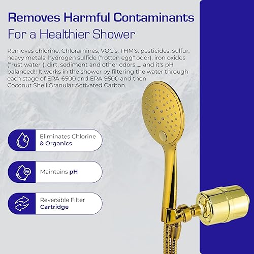 Miniatura 4 de Crystal Quest Sistema de filtración de energía de ducha de mano de lujo, dorado, sin BPA, 1.25-2.5 GPM, cartucho reversible, ideal para decloración