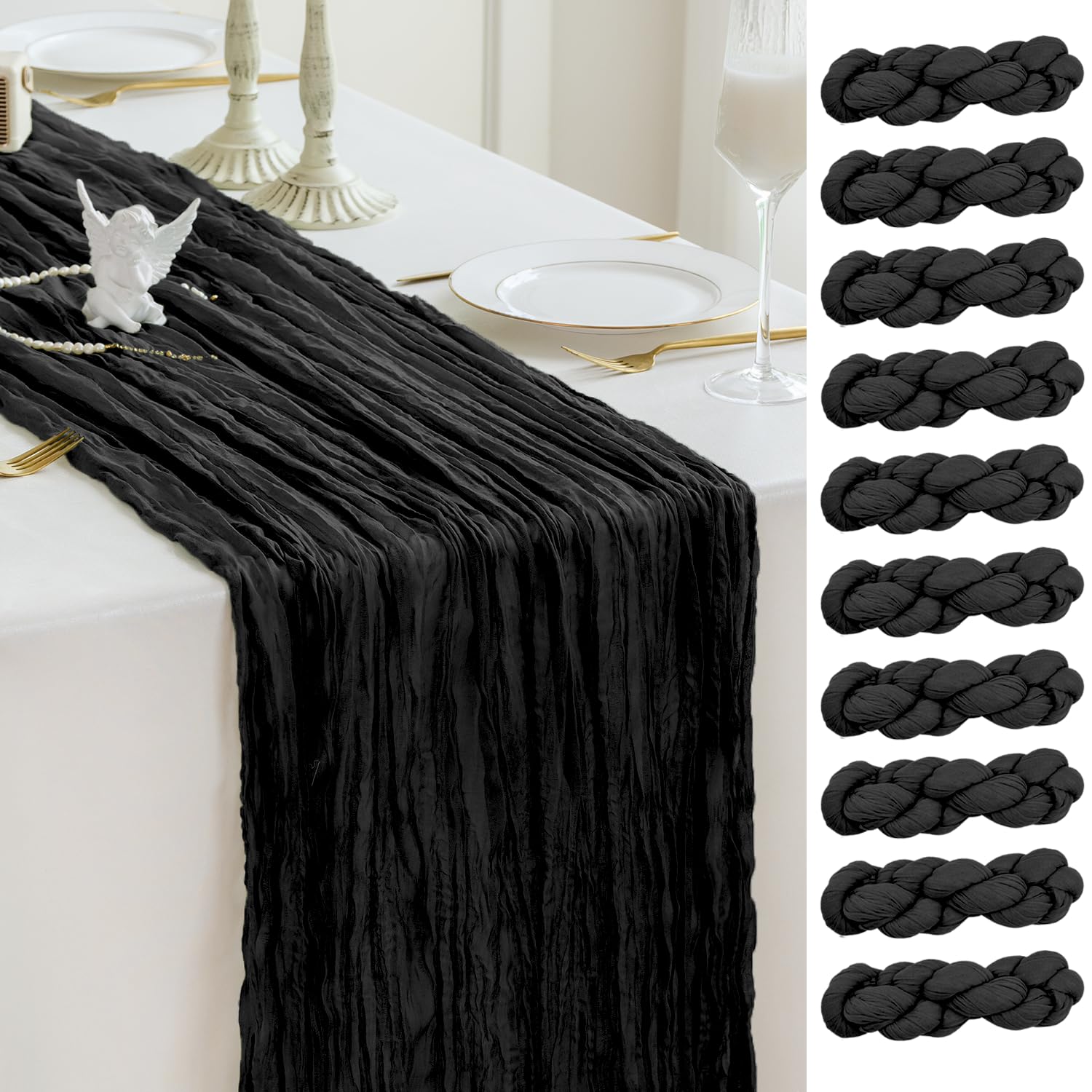 Sioloc 10pc Black Cheesecloth Table Runner Decor 10ft Boho Gauze Rustic Cheese Cloth Runner for Tea Wedding Party Baby Bridal Shower Home Decorations โ image 1