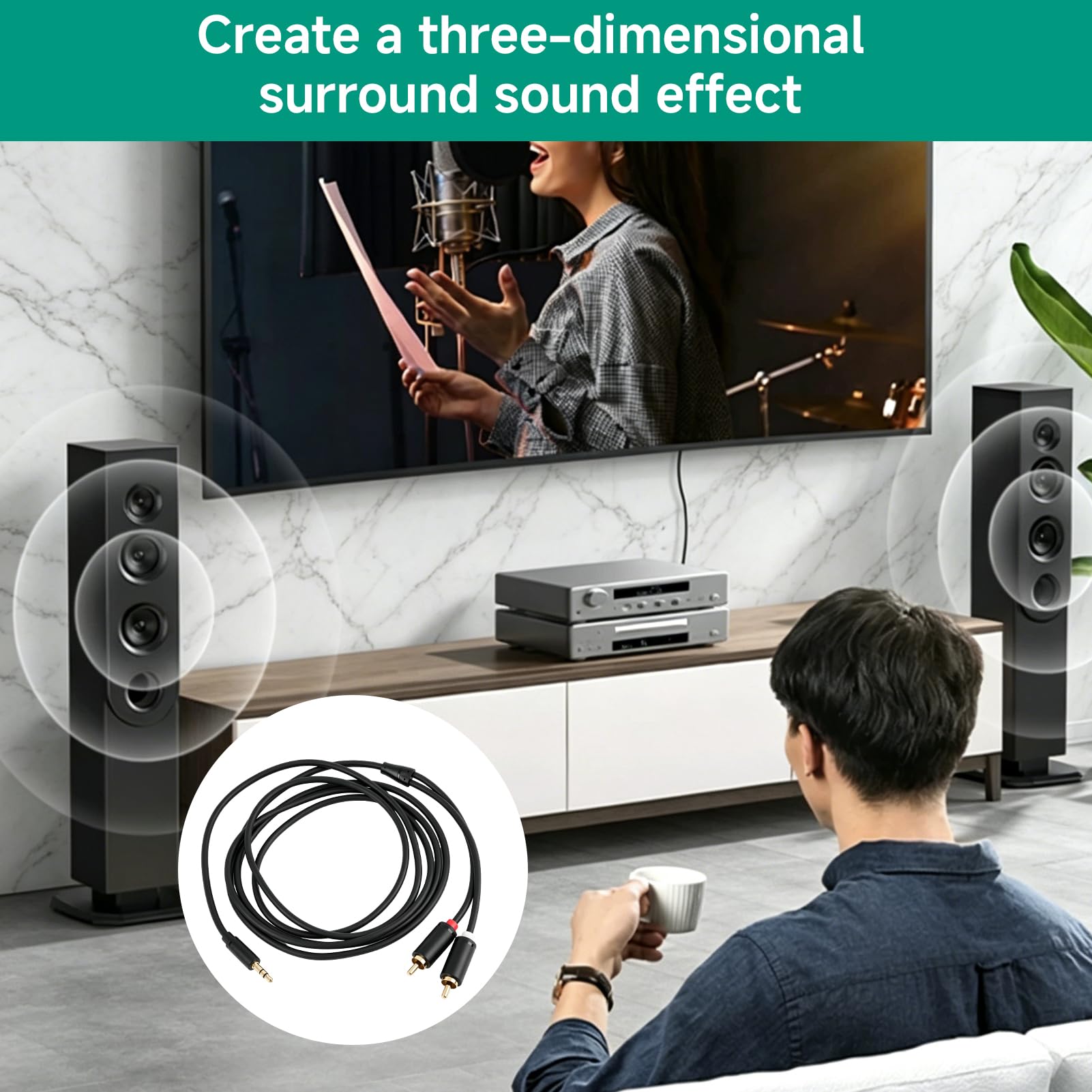 Cinch-Kabel Klinke auf Cinch 3,5 mm, Audiokabel 3,5 mm auf 2 Cinch-Stecker, 2 m, Stereo, AUX auf Cinch-Stecker, vergoldet, kompatibel mit TV, PC, Smartphone, Tablet, Verstärker, Soundbar, Heimkino