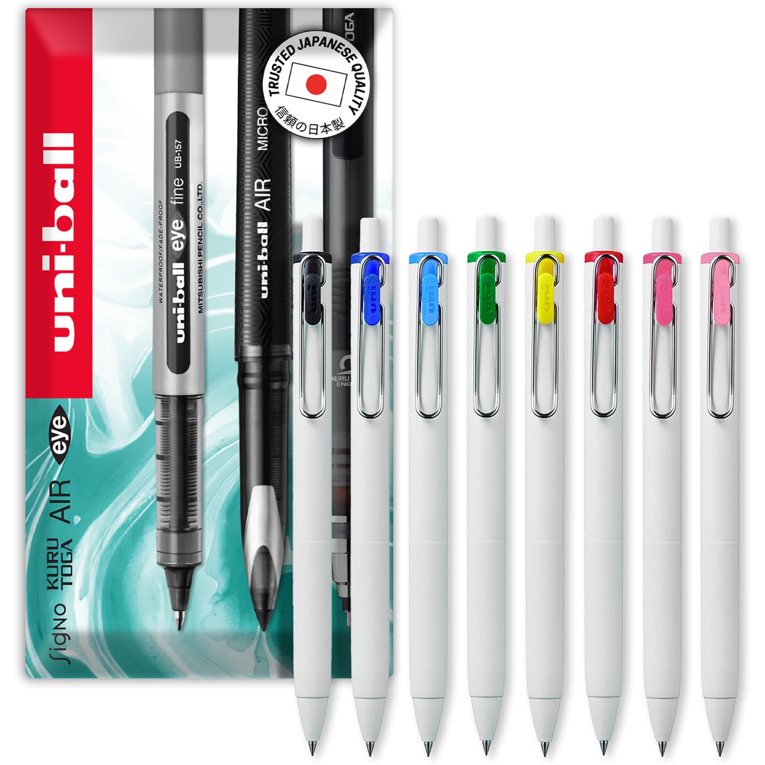 UMN-S-05 Retractable Gel Ink Rollerball Pens - 0.5mm Tip Nib - White Barrel - One of Each Colour - Pack of 8 - In Envelope Gift Packaging