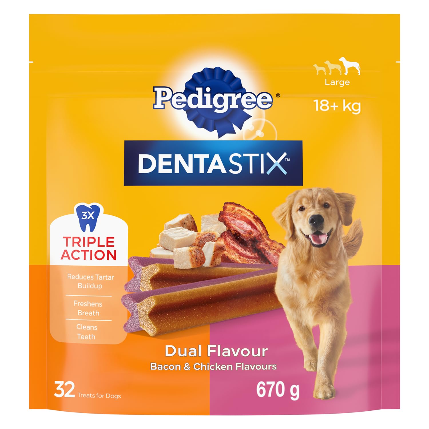 PEDIGREE DENTASTIX Oral Care Dual Flavour Bacon & Chicken Adult Dog Treats - for Large Breeds - Reduces Plaque and Tartar Buildup - 32 Sticks 670g Pouch image 7