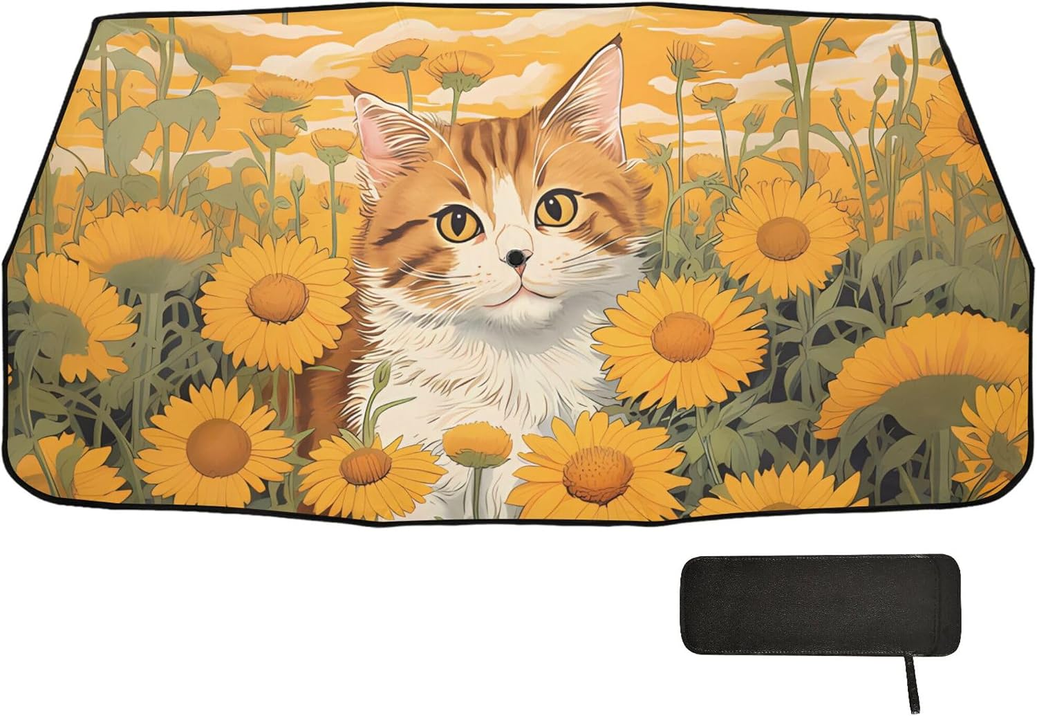 Car Umbrella Sun Shade Cover, Cat and Sunflower Umbrella Sun Shade for Car Truck Window Front Windshield, Blocks UV Rays Sun Visor Protector Sun Heat Reflector to Keep Your Vehicle Cool