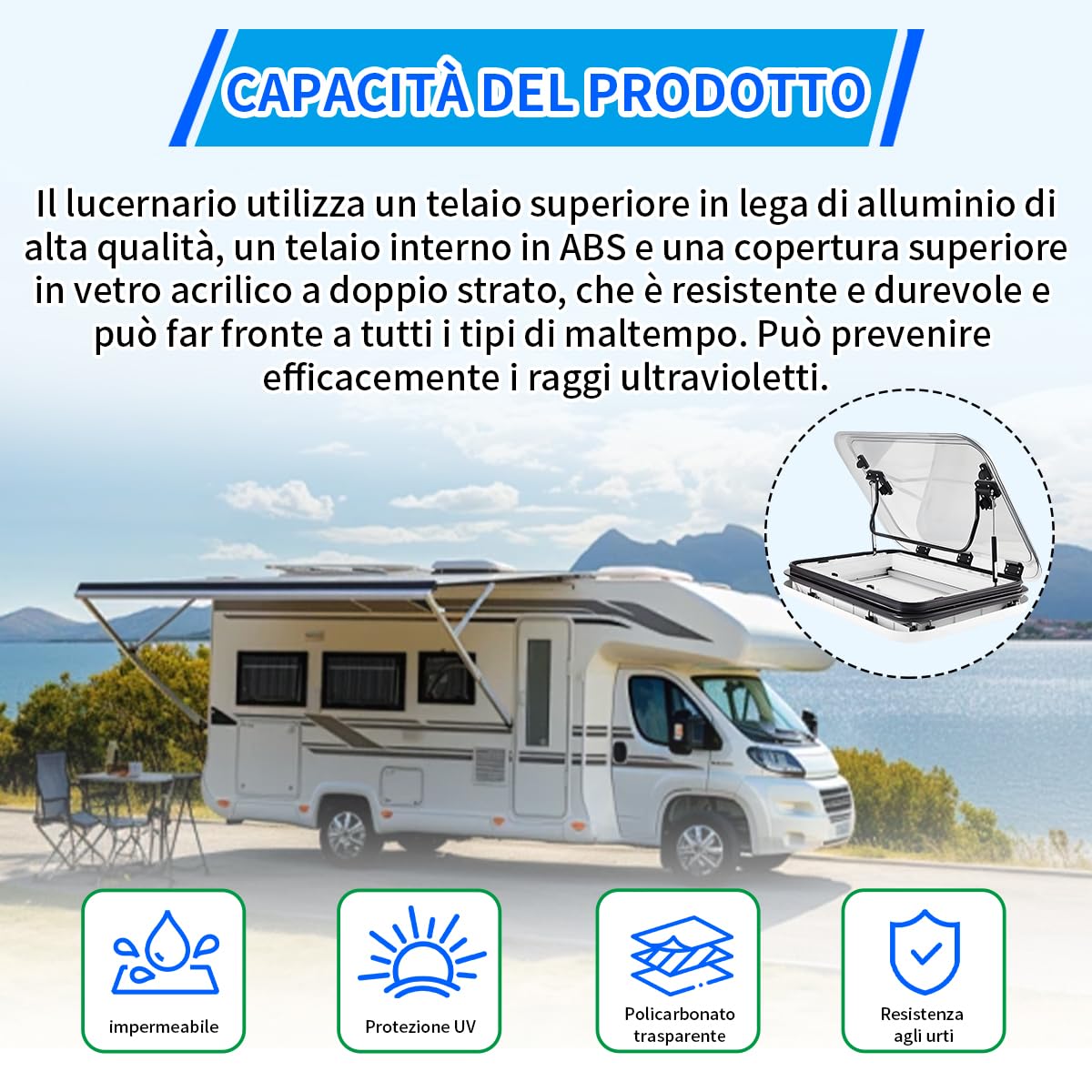Oblò Tetto Camper Apribile, Lucernario 800x500mm con Luce LED, Ventilazione, Zanzariera e Tendina, Lega Alluminio per Roulotte e Food Truck
