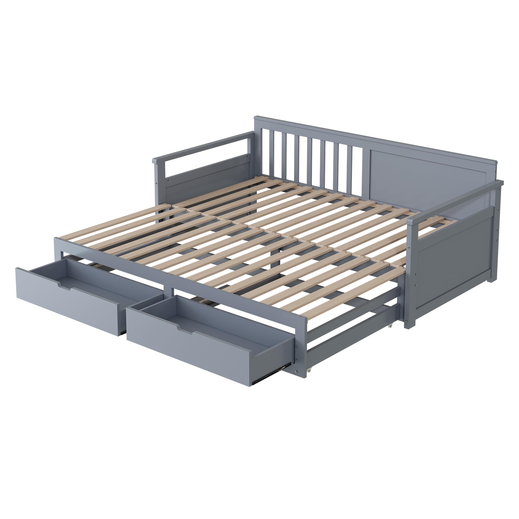Tagesbett 90 x 190 cm, Ausziehbar auf 180 x 190 cm mit 2 Schubladen und Lattenrost, Platzsparendes Funktionsbett mit Rückenlehne und Armlehnen, aus Kiefernholz, Grau