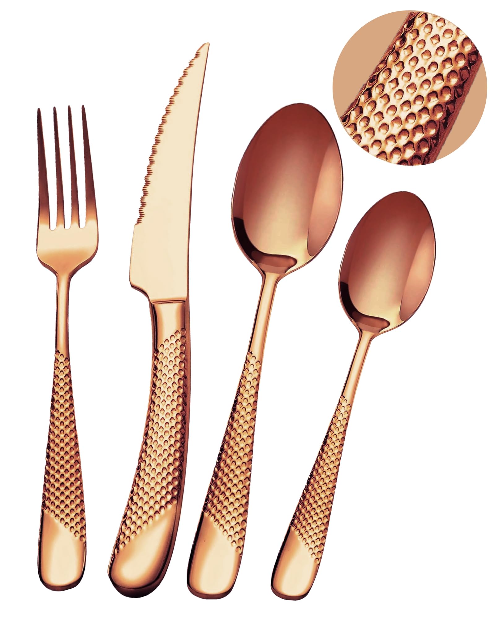 SHEUMNT 24-Piece Modern Hammered Rose Gold Cutlery Set with Ultra Sharp 2-in-1 Serrated Knife, Utensil Set Made of 18/10 Stainless Steel, Cutlery Set for 6 People, Knife Fork Spoon Set