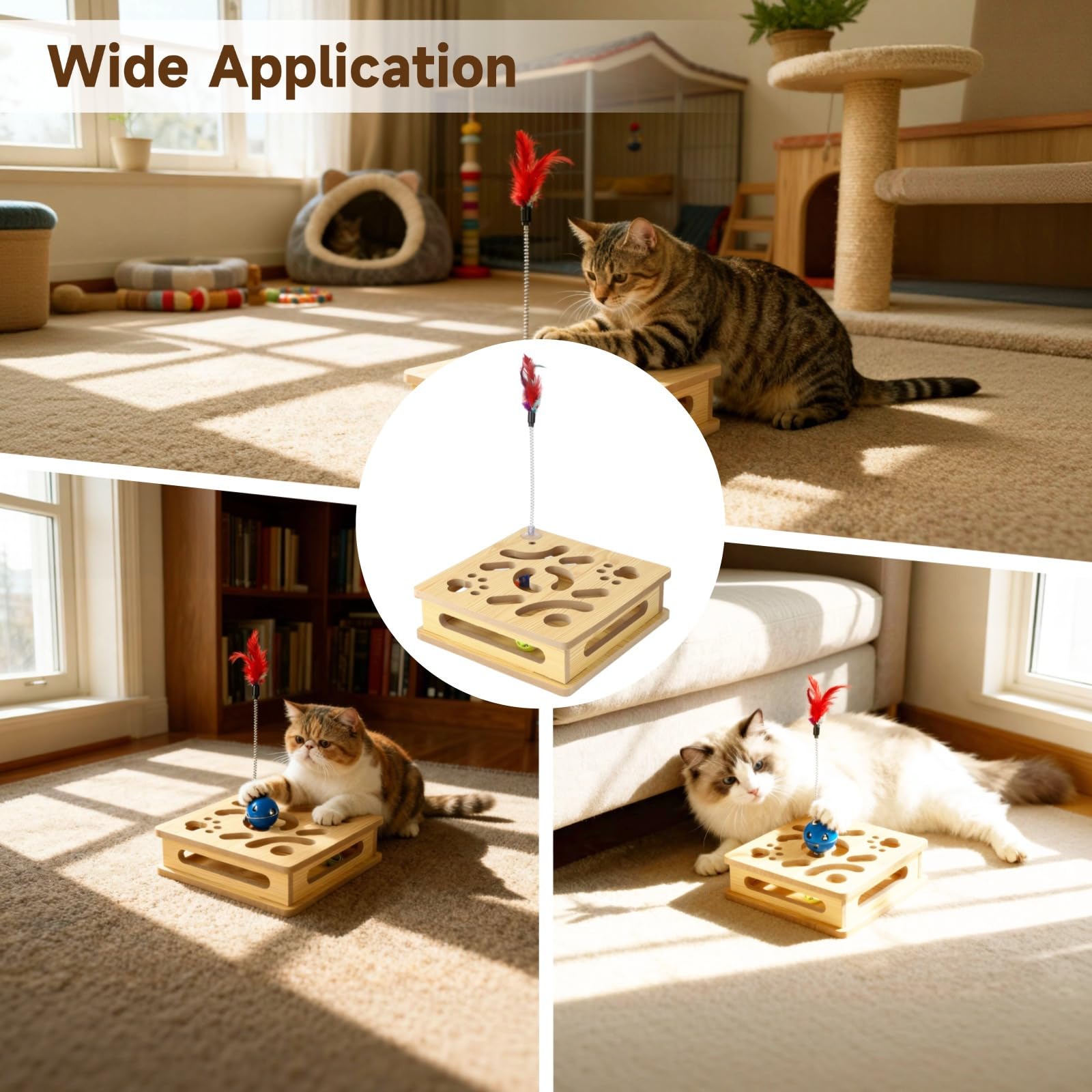 Holz Katzenpuzzle Spielzeug mit Glockenbällen Interaktive Katzenspielzeug Box Labyrinth Design Teaser Feder Engagierende Spiele für Kätzchen