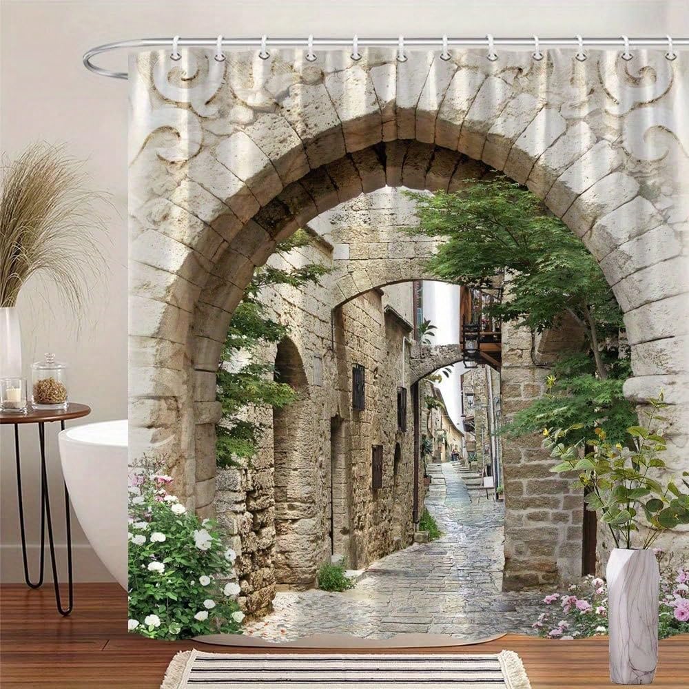 awitufhgp Shower Curtain Featuring A Picturesque Oldfashioned Cobblestone Road, Adorned With Flowers And Arches, Protecting Privacy(115x220cm/45x87in(WxH))