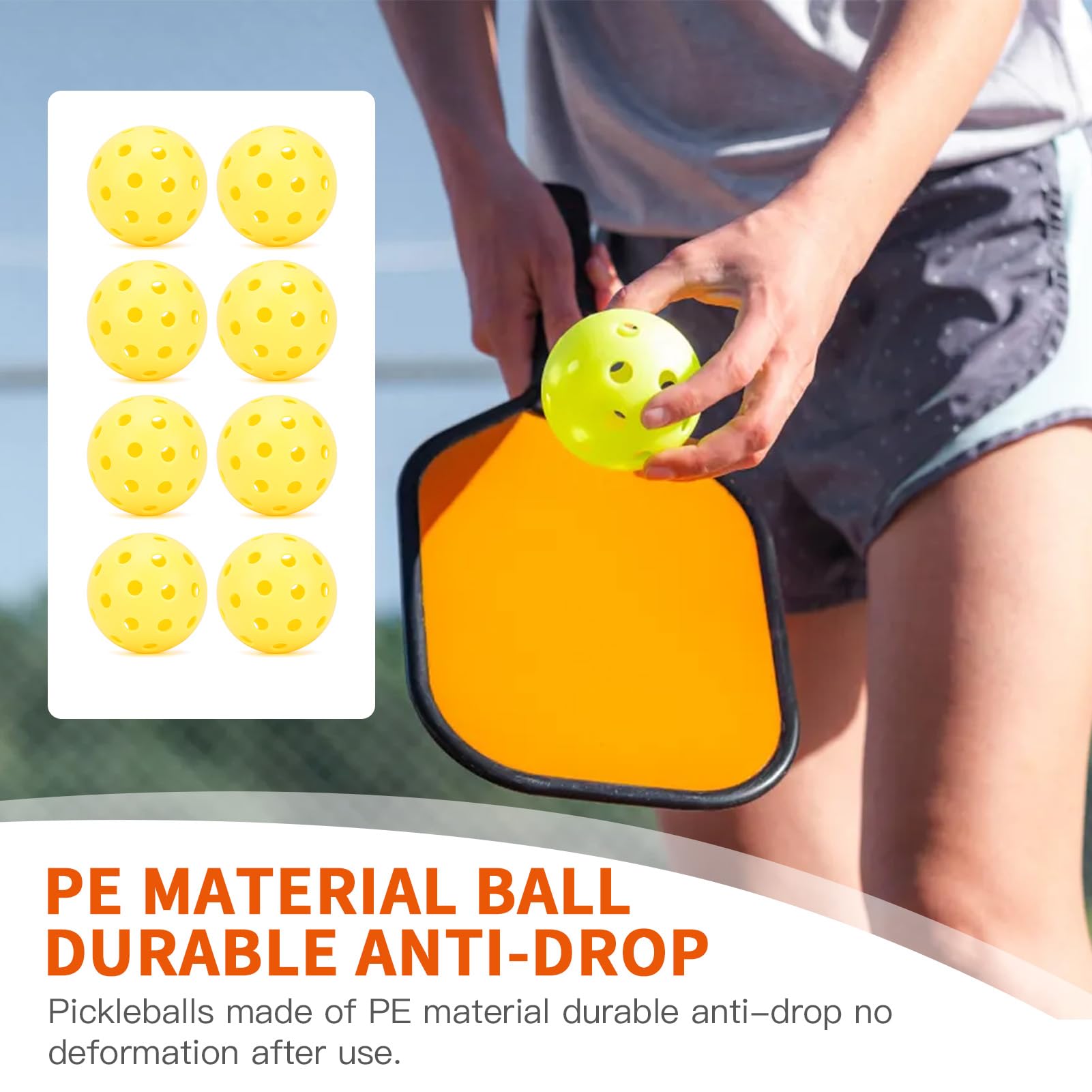 Set de 8 Bolas de Pickleball Exterior Interior 40 Agujeros Alto Rebote con Bolsa Malla