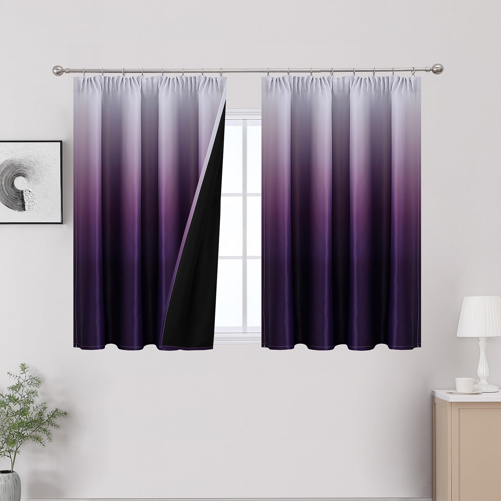 VEHEDE Purple and White Blackout Curtains, 2 Panels Small Ombre Curtain for Bedroom, Gradient Pencil Pleat Thermal Insulated Drapes for Living Room, W46 x L54 Inch