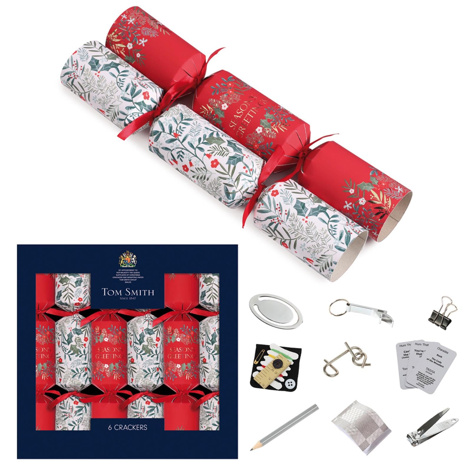 Tom Smith Multicolour Pack 6 Eco Charity Christmas Crackers Red & White Foliage Seasons Greetings 33Cm