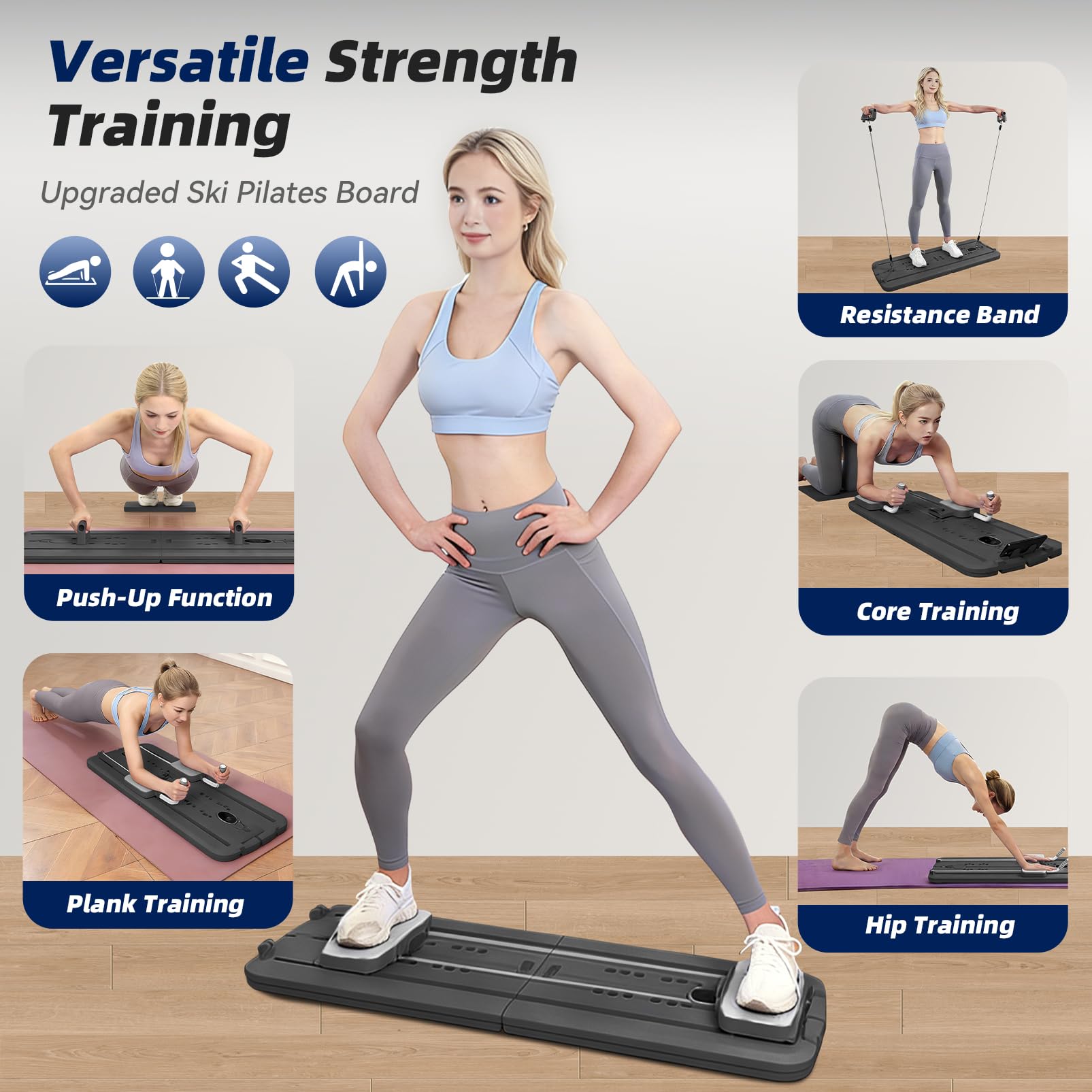 Pilates Board, Multifunktionales Reformer Pilates Maschine für Zuhause, Faltbarer Pilates Reformer Board mit Bauchmuskeltrainer, Automatischer Rückprall und Spannseil, Pilates Reformer Set
