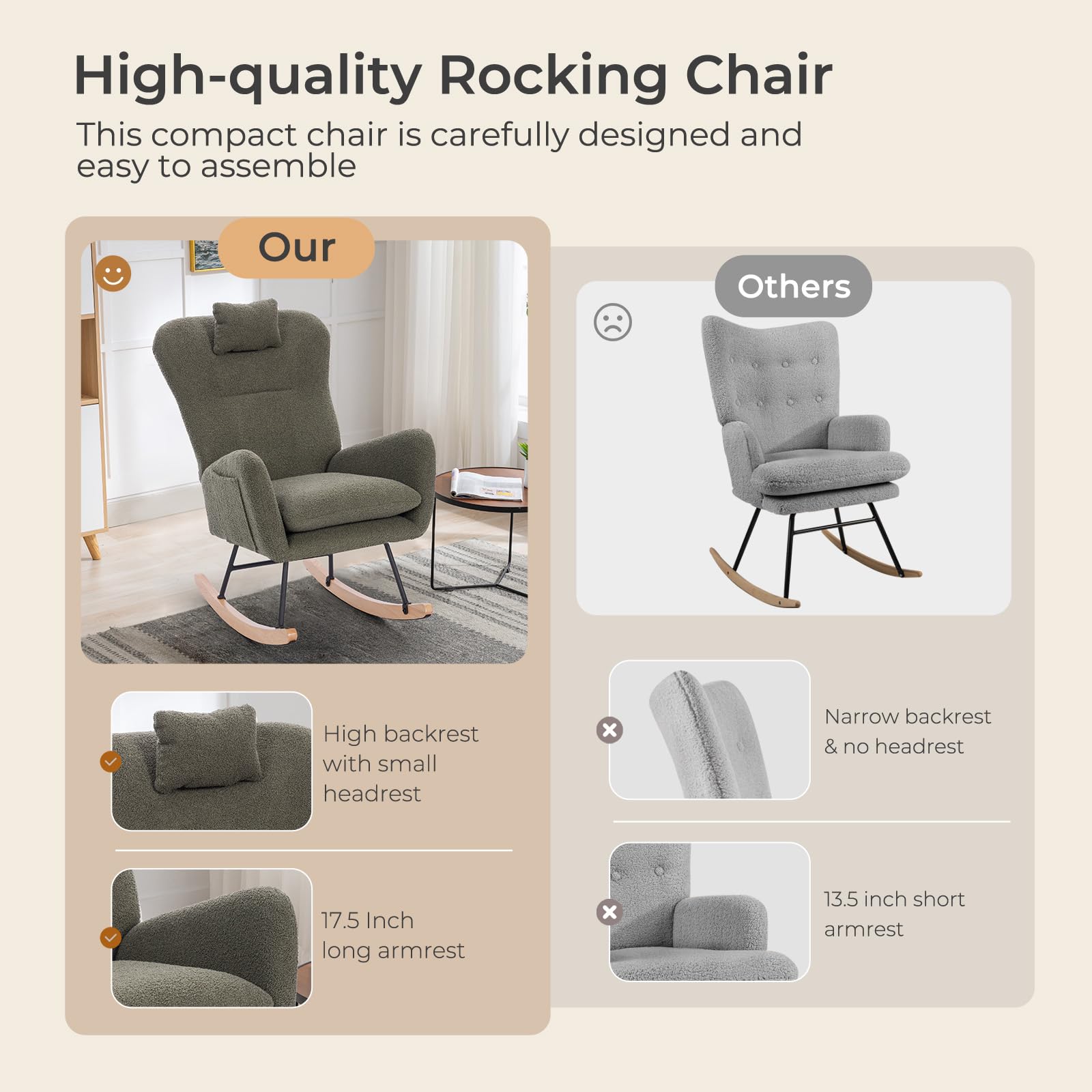 Cocket Unovivy Rocking Chair Nursery, Teddy Upholstered Nursing Armchair with ...