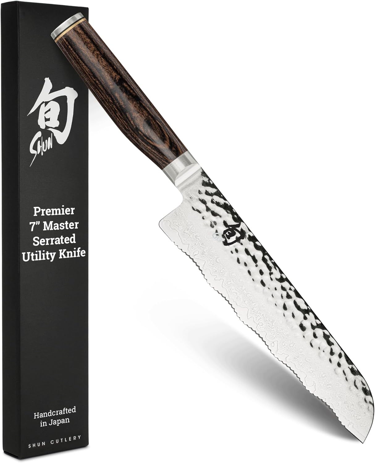Shun Premier 7" Master Serrated Utility Knife, Handcrafted Japanese Knife, VG-MAX Core with Damascus Stainless Steel Cladding, Pakkawood Handle, Precision and Sharpness