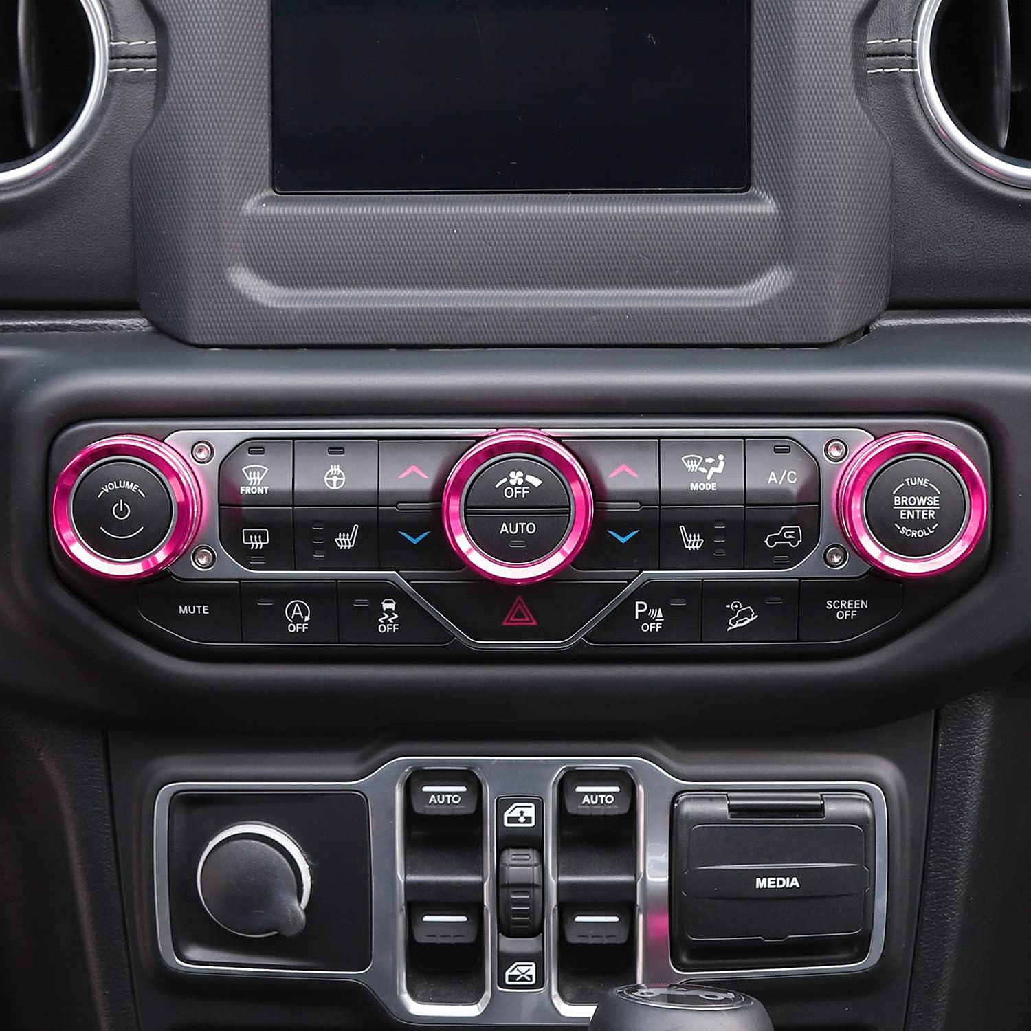 JeCar Air Conditioner Radio Switch Knob Cover & Headlight Knob Cover Aluminum Alloy AC Button Trims Compatible with Jeep Wrangler 2018-2023 JL JLU & 2020-2023 Gladiator Specific Dial Panel, Magenta