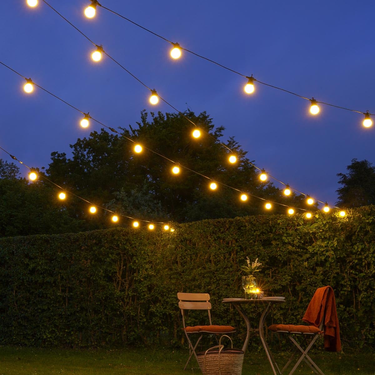 Festive Lights - ConnectGO Outdoor Garden Festoon Lights - Frosted Cap Bulbs with Black Rubber Cable - Extendable - with Plug (Warm White, 20m)