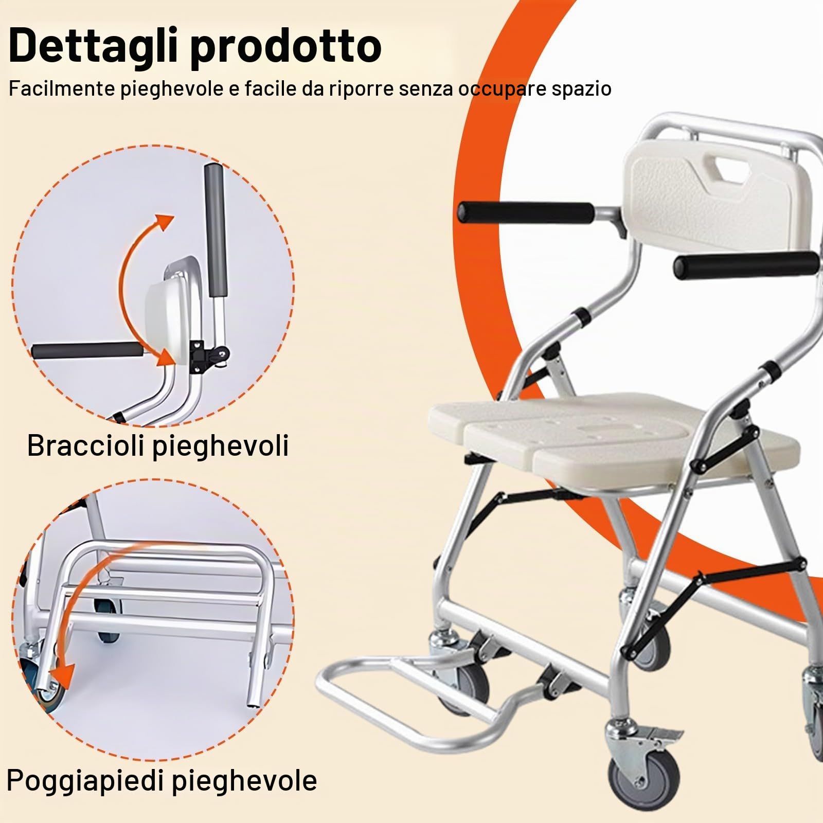 Sedie per Doccia Anziani e Disabili Pieghevole, Professionale Sedia a Rotelle per Doccia, Sgabello Doccia con Braccioli e Poggiapiedi - Robusto e Durevole - Impermeabile e Antiruggine
