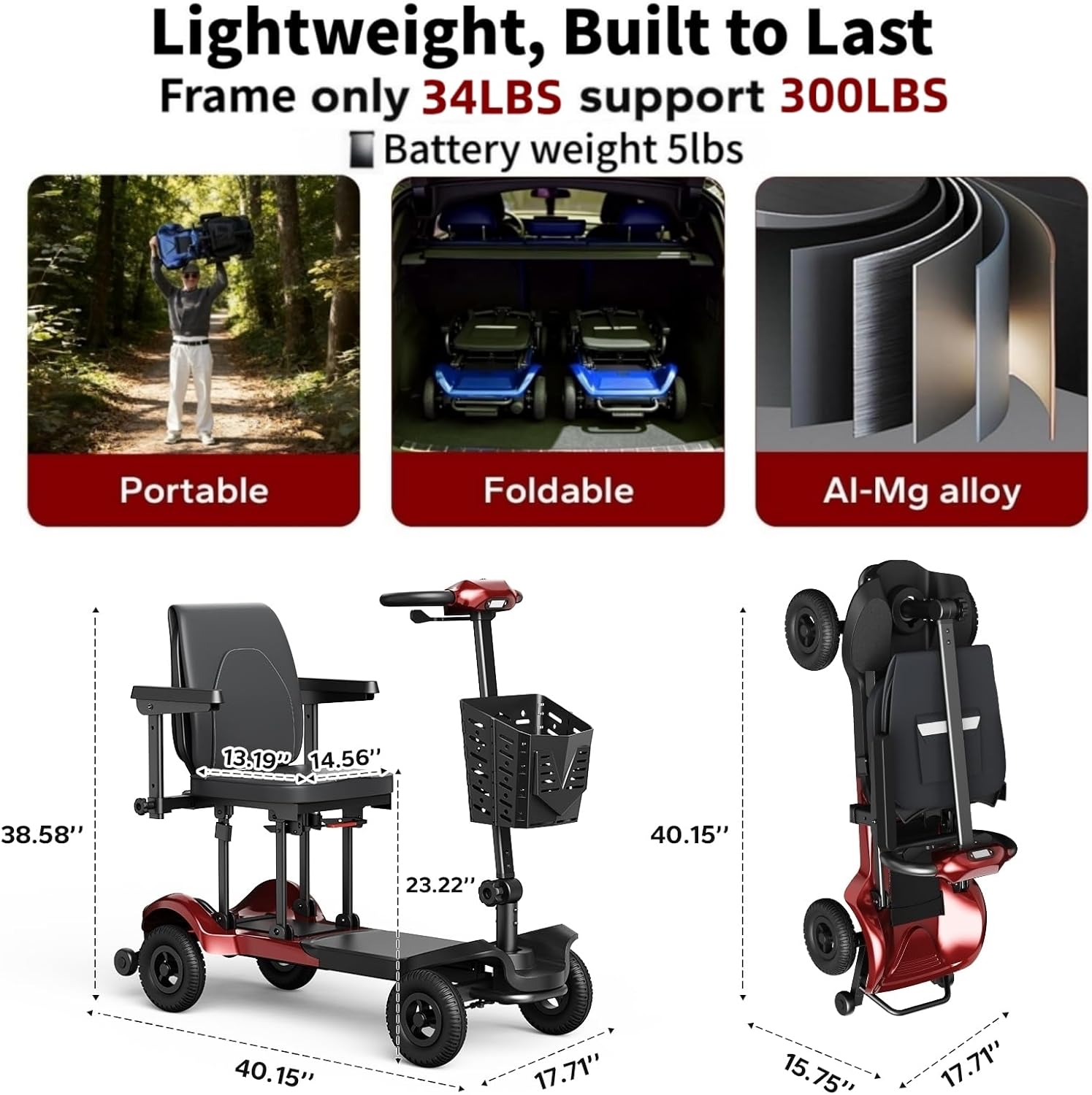 2026 Upgrade Mobility Scooter for Adults, 4 Wheels Folding Lightweight Electric Scooter for Seniors, Max 300LBS, Airline Approved, Red - Image 2