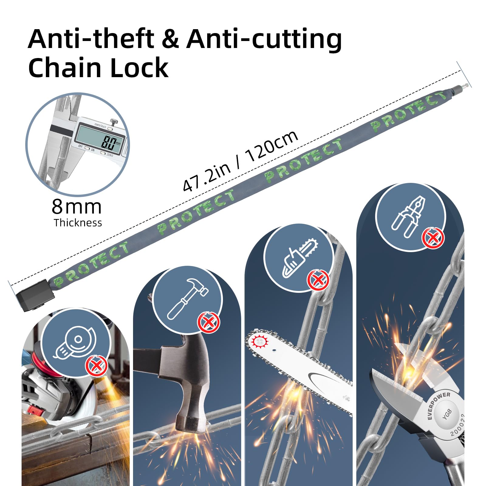 Lucchetto per bicicletta da 120 cm, con allarme, 110 dB, sistema di allarme per bicicletta, per scooter, Ebike, ad alta sicurezza, 8 mm di spessore, 2 telecomandi, 3 chiavi, cavo USB C