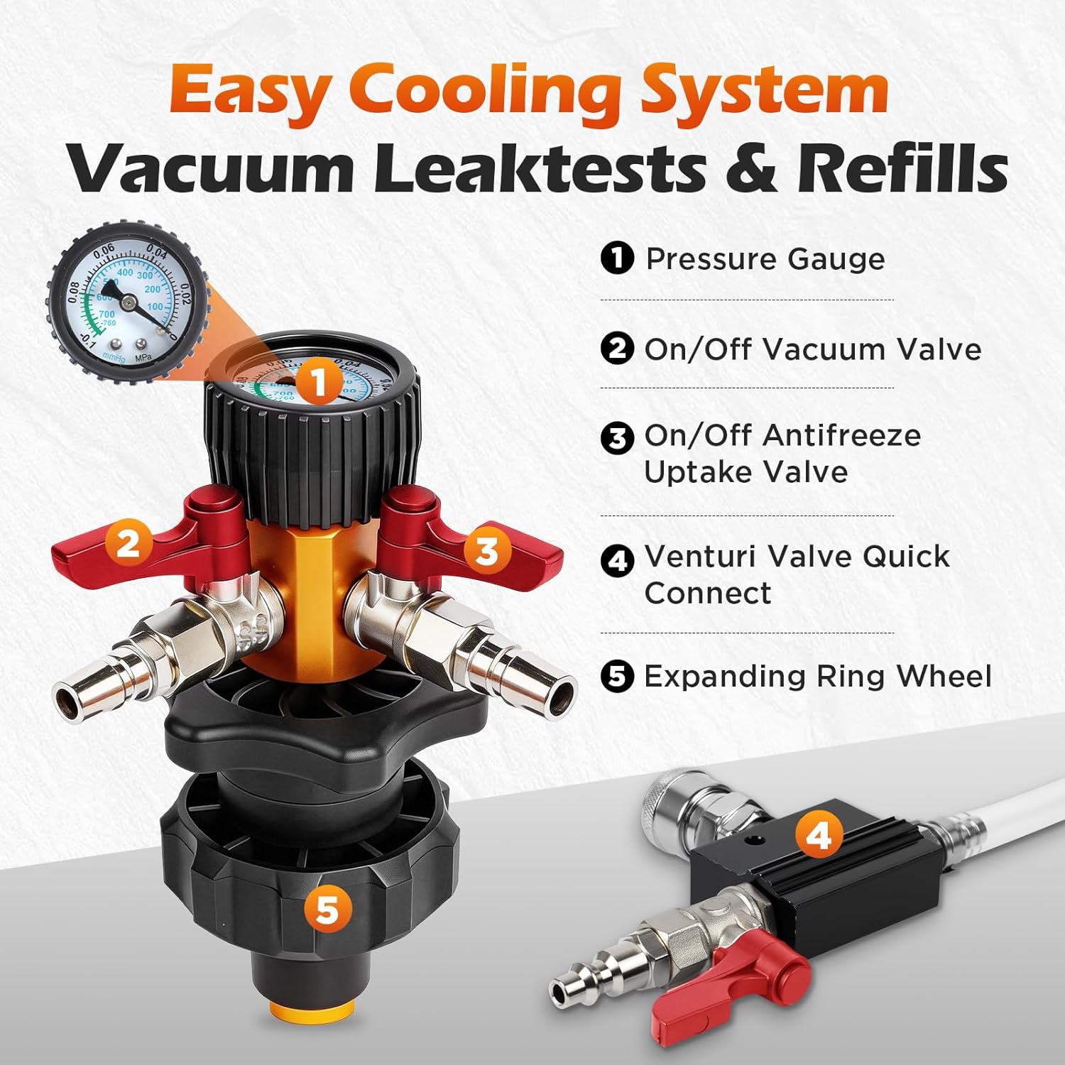 BELEY Coolant Vacuum Refill Kit, 9pc Auto Radiator Cooling System Tool Set with Conical Adapter 5 Round Adapters for Leak Detection Cooling Refill, Vacuum Coolant Fill Kit with Splashproof Hose